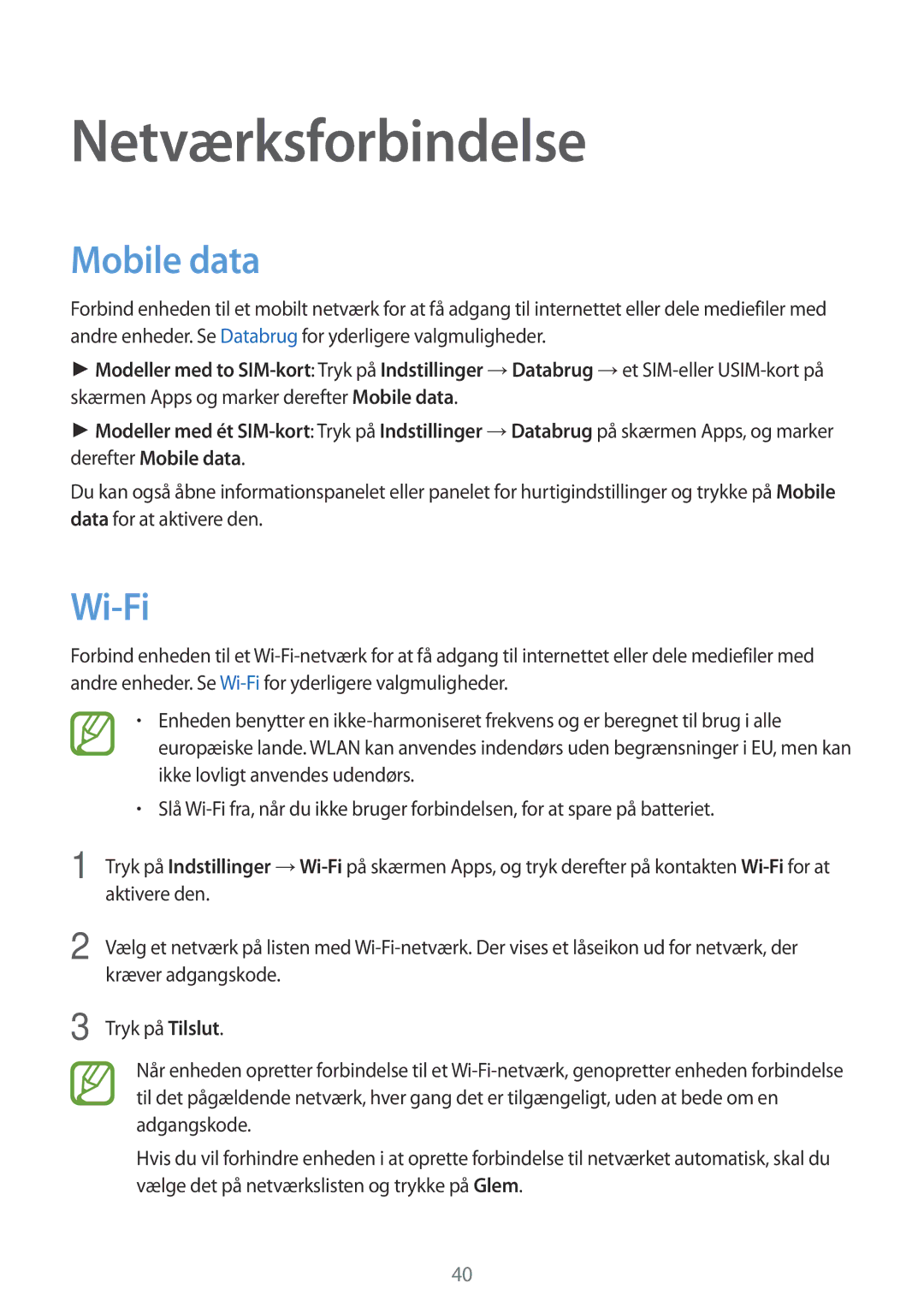 Samsung SM-A700FZDANEE, SM-A700FZKANEE, SM-A700FZWANEE manual Netværksforbindelse, Mobile data, Wi-Fi 