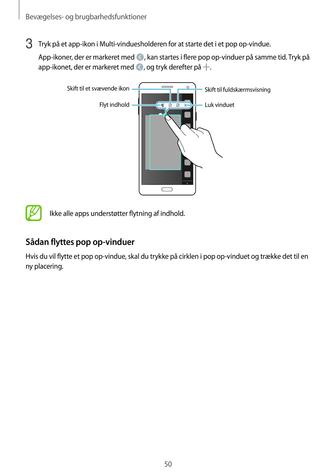 Samsung SM-A700FZWANEE, SM-A700FZKANEE, SM-A700FZDANEE manual Sådan flyttes pop op-vinduer 