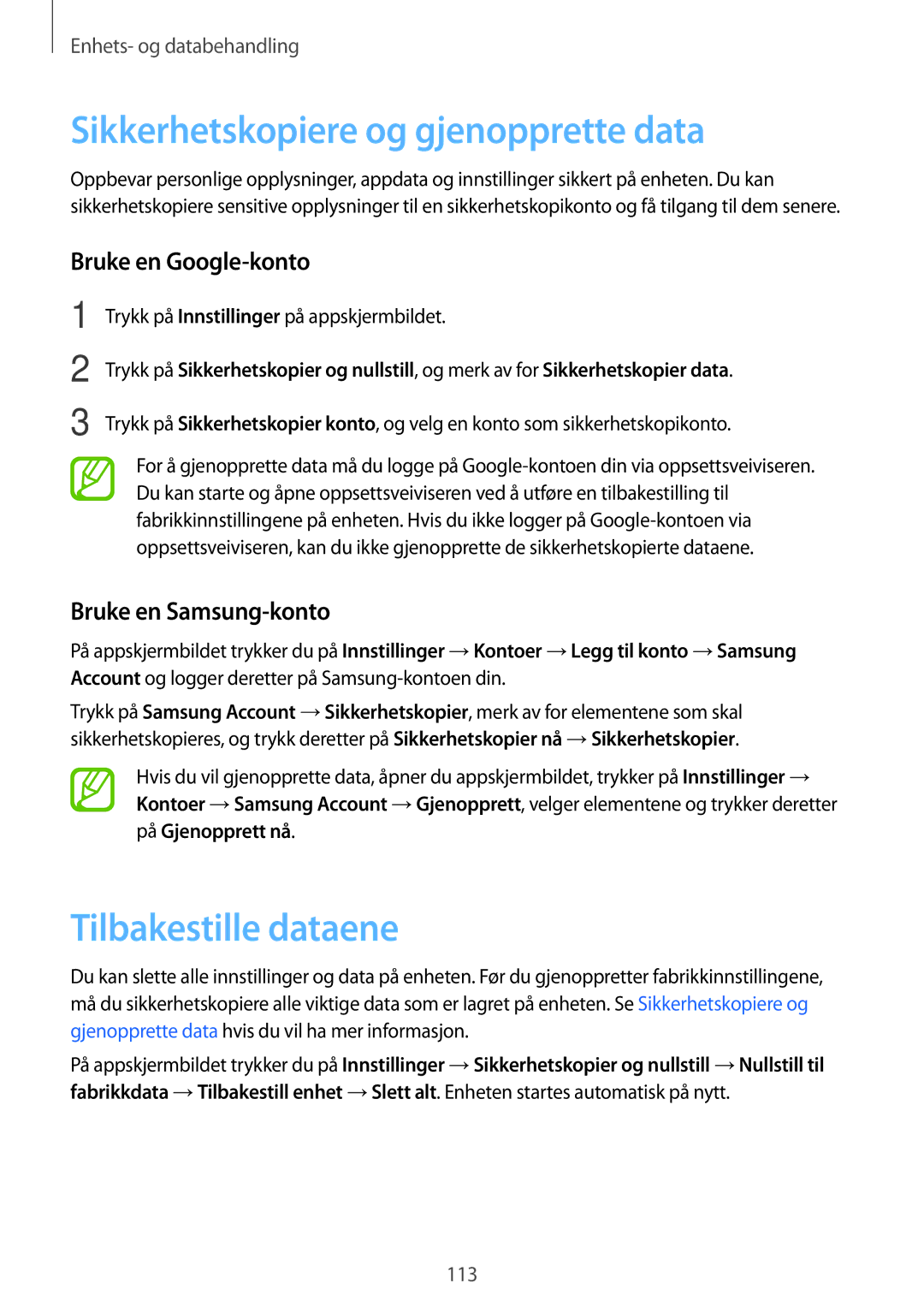 Samsung SM-A700FZWANEE manual Sikkerhetskopiere og gjenopprette data, Tilbakestille dataene, Bruke en Google-konto 