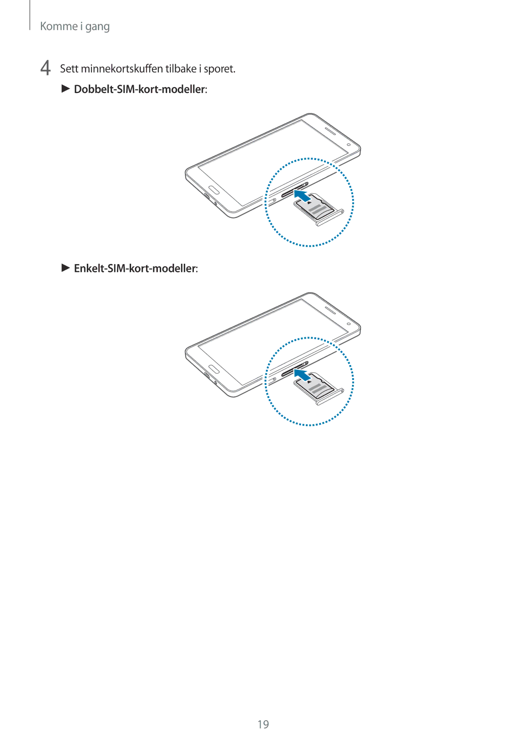 Samsung SM-A700FZDANEE manual Sett minnekortskuffen tilbake i sporet, Dobbelt-SIM-kort-modeller Enkelt-SIM-kort-modeller 