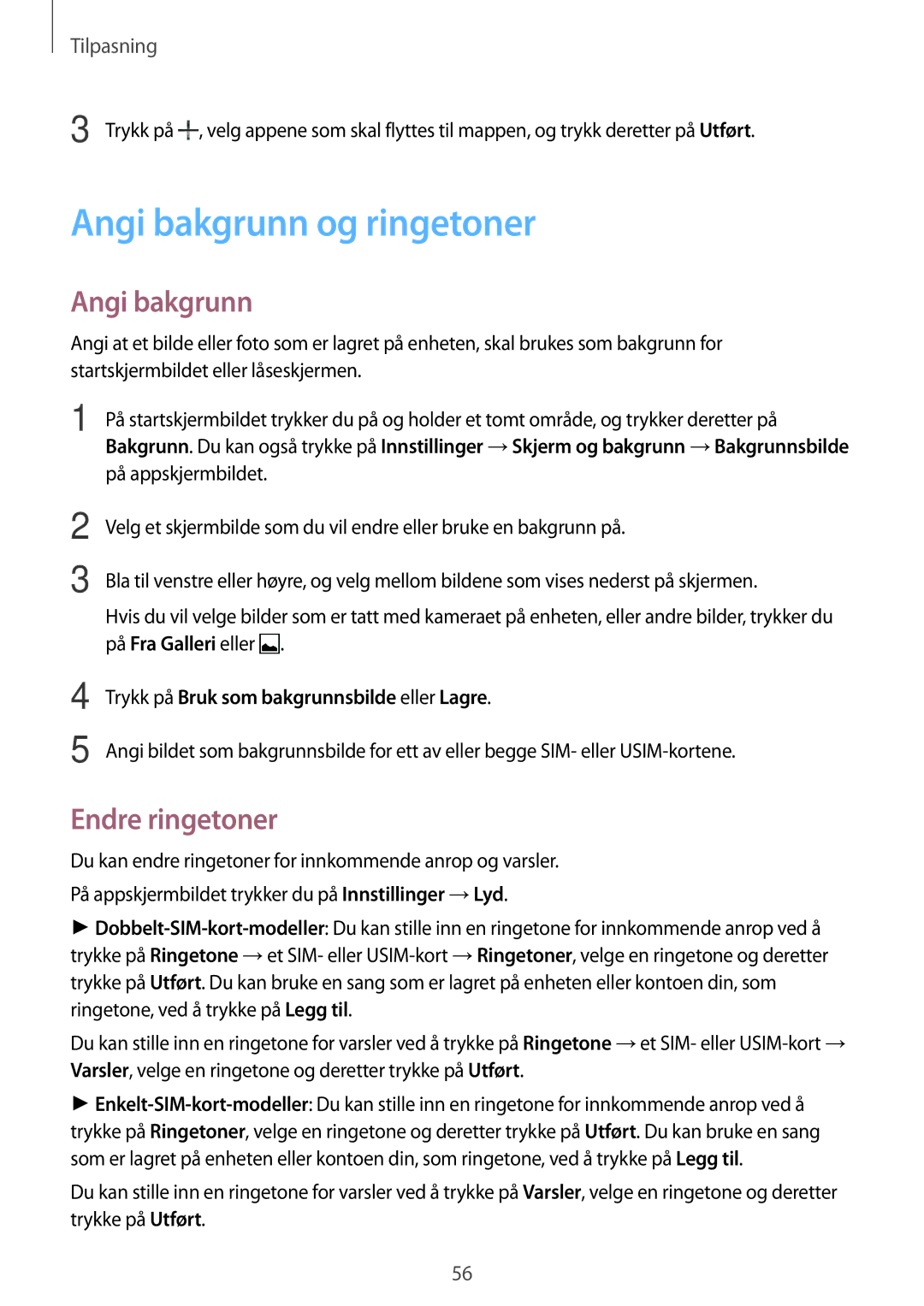 Samsung SM-A700FZWANEE manual Angi bakgrunn og ringetoner, Endre ringetoner, Trykk på Bruk som bakgrunnsbilde eller Lagre 