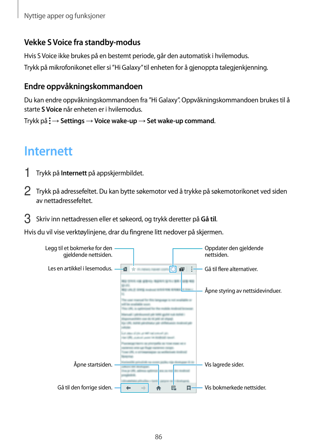 Samsung SM-A700FZWANEE, SM-A700FZKANEE manual Internett, Vekke S Voice fra standby-modus, Endre oppvåkningskommandoen 