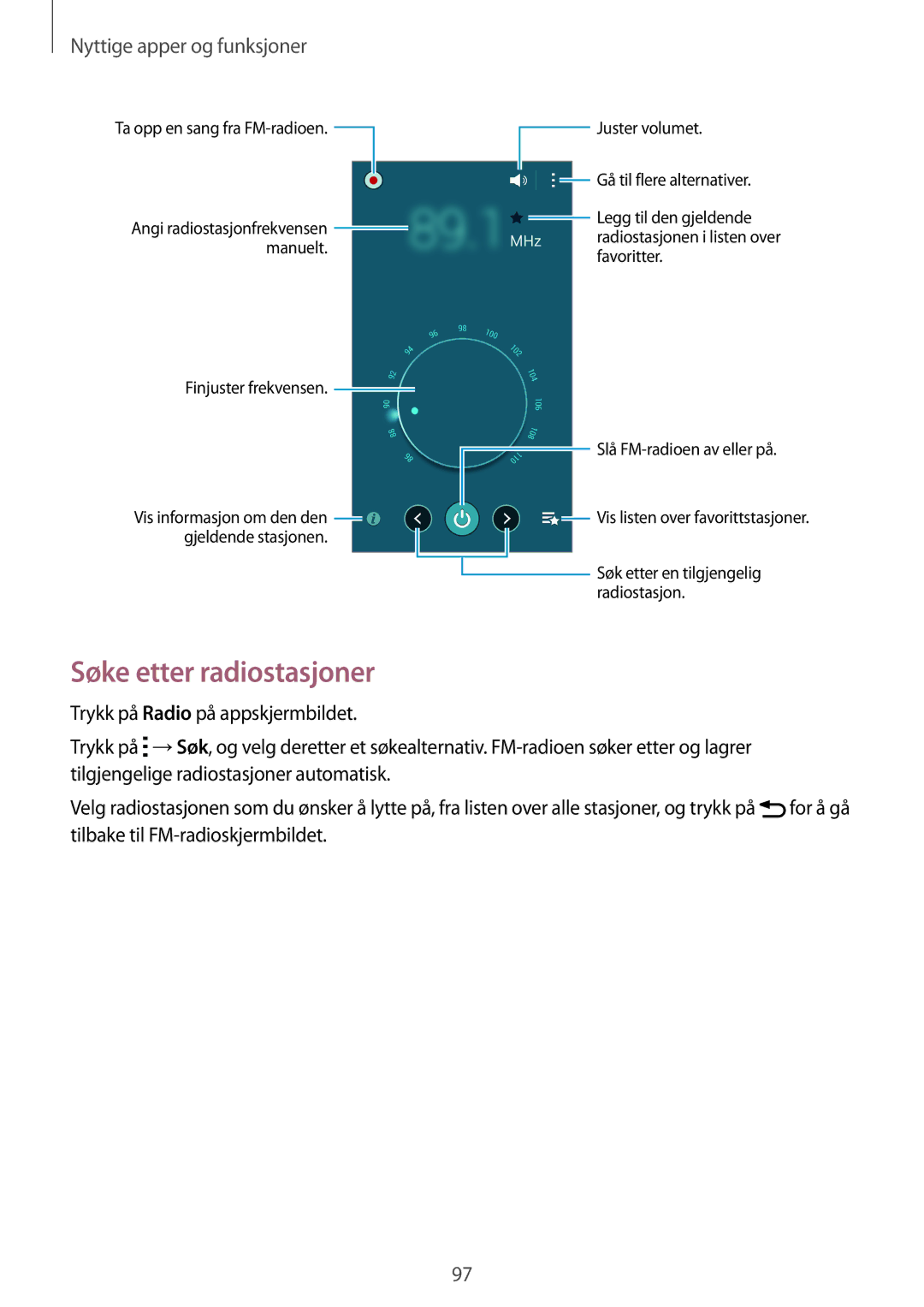 Samsung SM-A700FZDANEE, SM-A700FZKANEE, SM-A700FZWANEE manual Søke etter radiostasjoner 