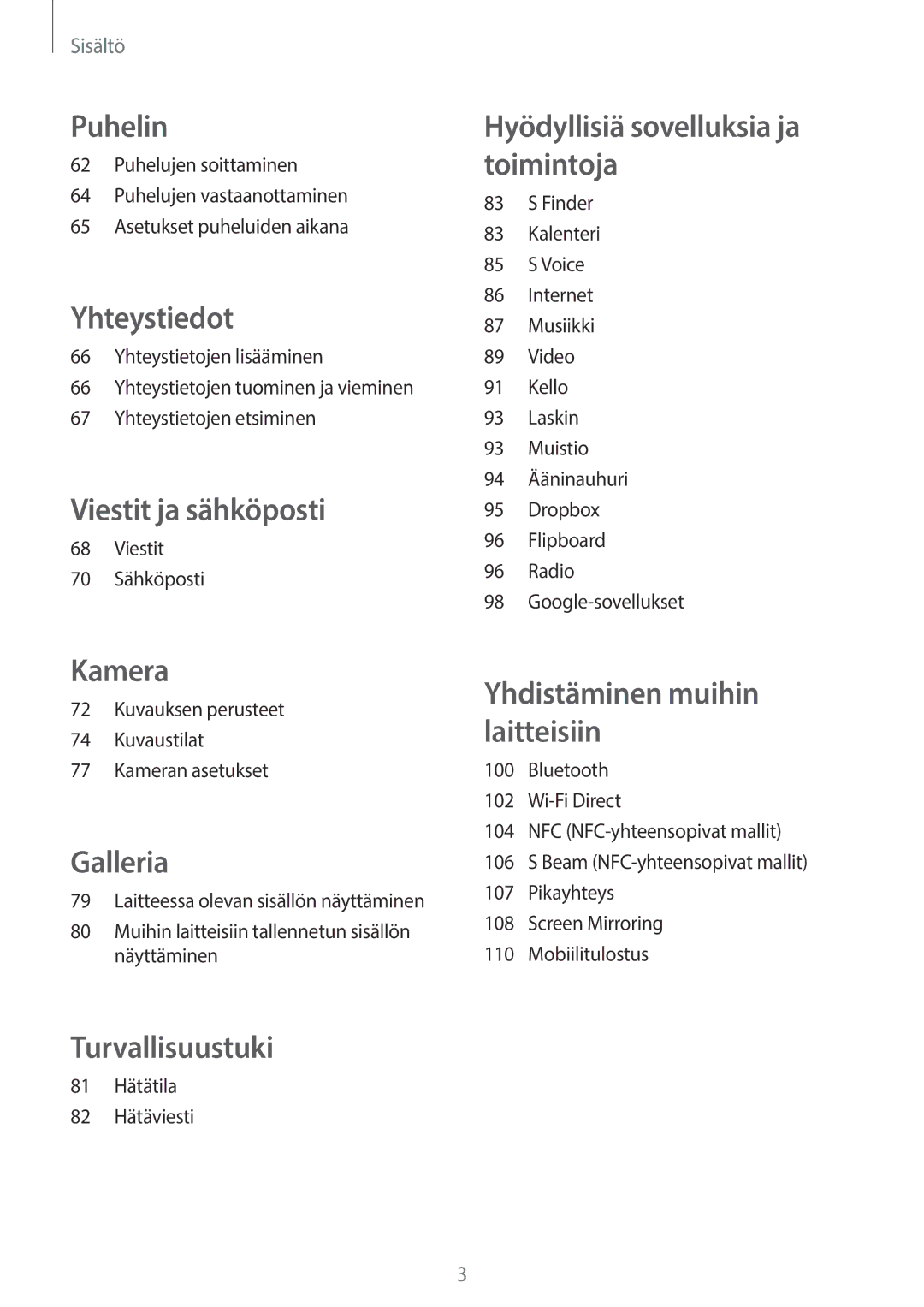 Samsung SM-A700FZKANEE Viestit 70 Sähköposti, Kuvauksen perusteet Kuvaustilat Kameran asetukset, 81 Hätätila 82 Hätäviesti 