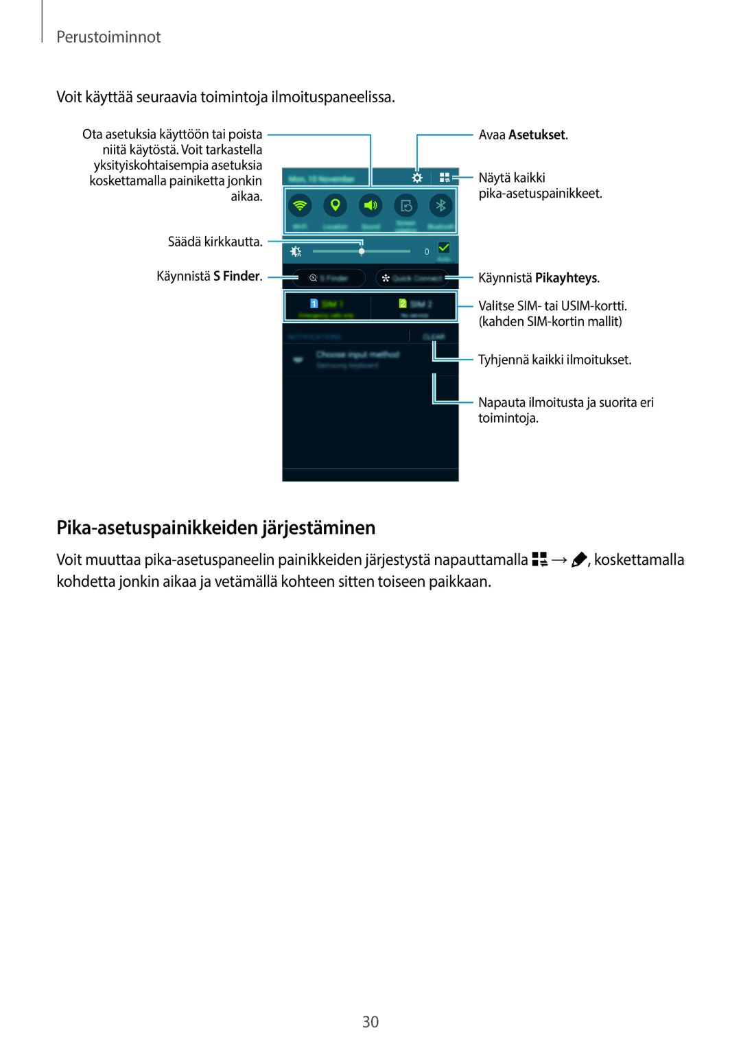 Samsung SM-A700FZKANEE manual Pika-asetuspainikkeiden järjestäminen, Voit käyttää seuraavia toimintoja ilmoituspaneelissa 