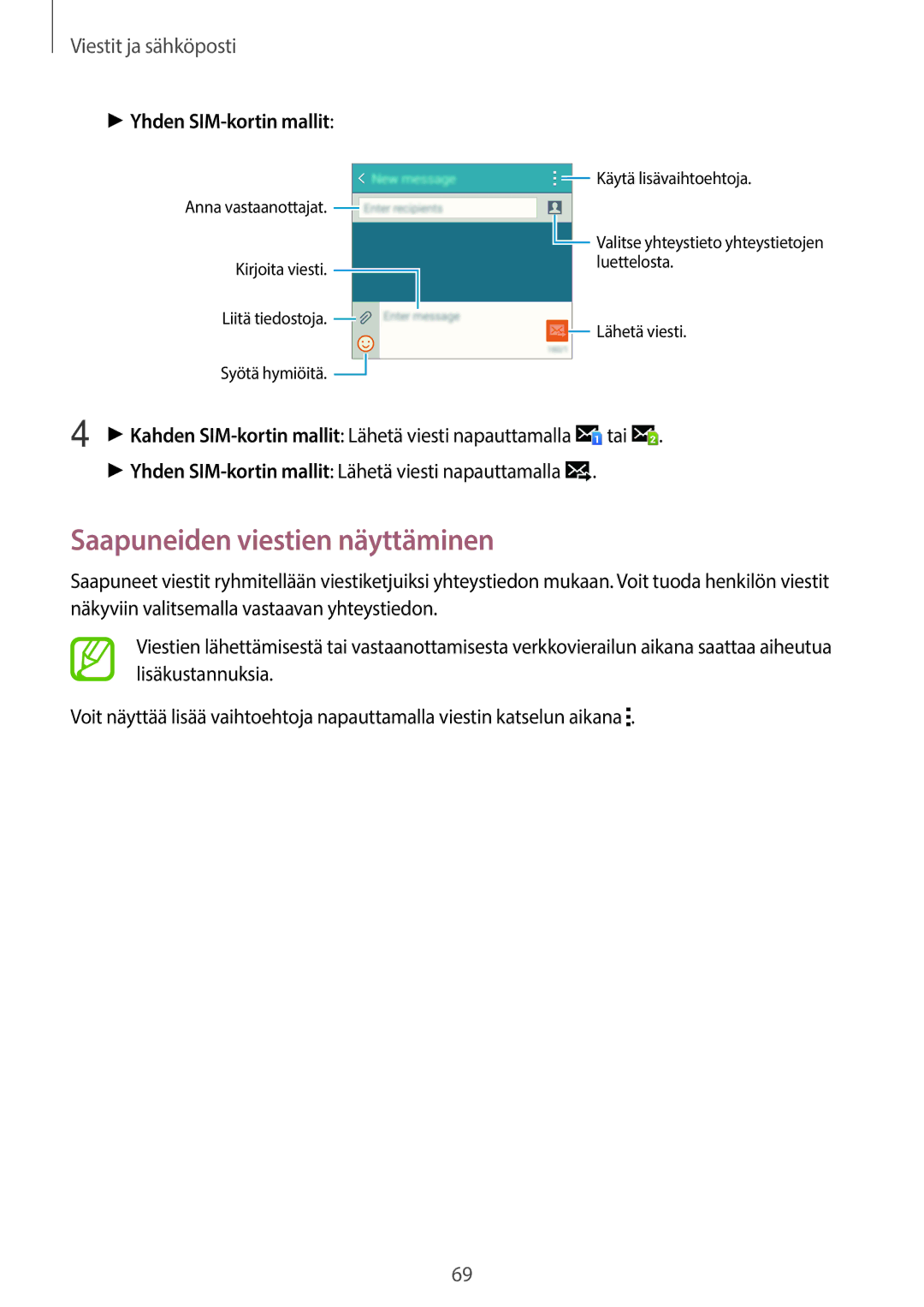 Samsung SM-A700FZKANEE manual Saapuneiden viestien näyttäminen, Tai, Yhden SIM-kortin mallit Lähetä viesti napauttamalla 