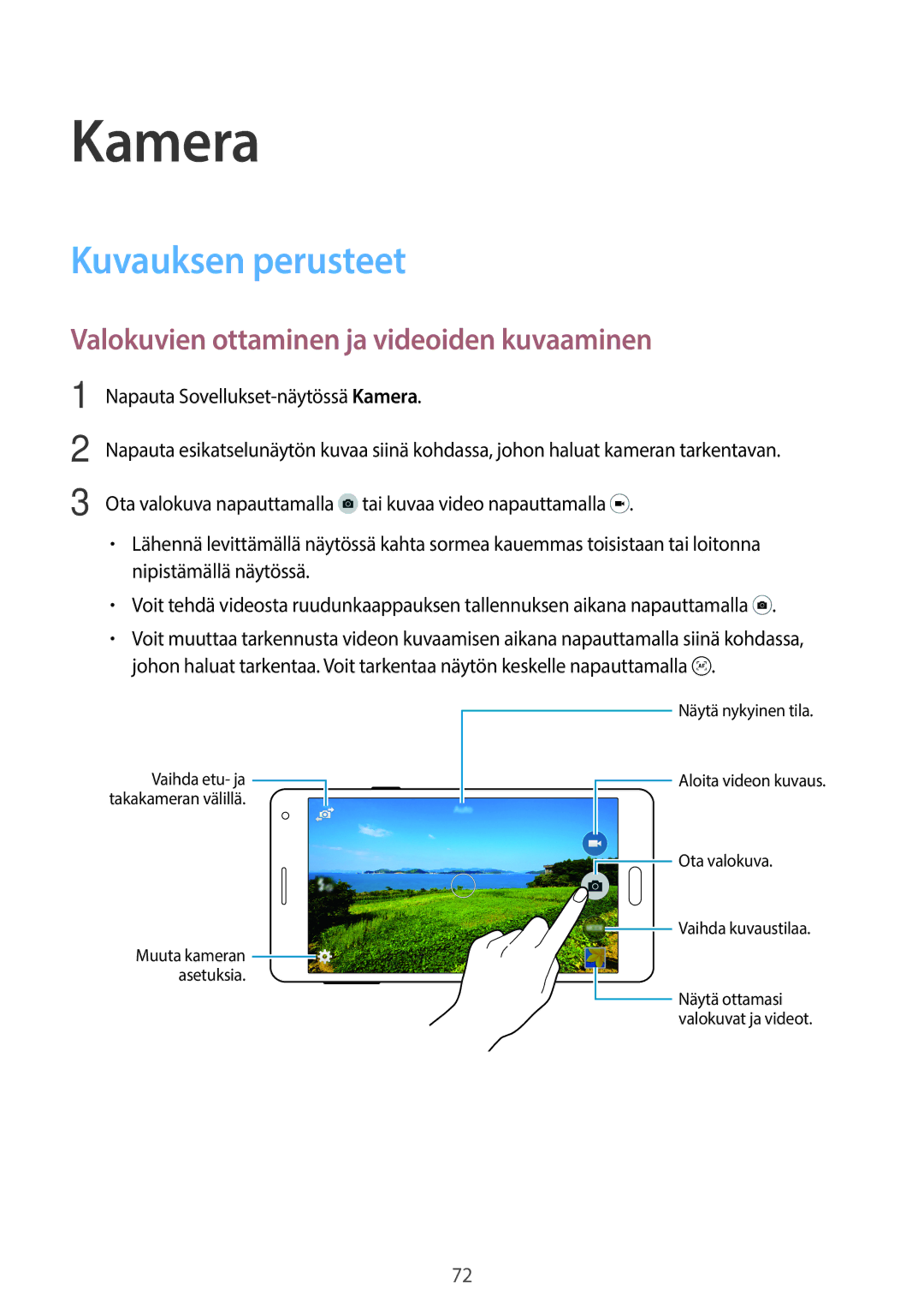 Samsung SM-A700FZKANEE, SM-A700FZDANEE manual Kamera, Kuvauksen perusteet, Valokuvien ottaminen ja videoiden kuvaaminen 