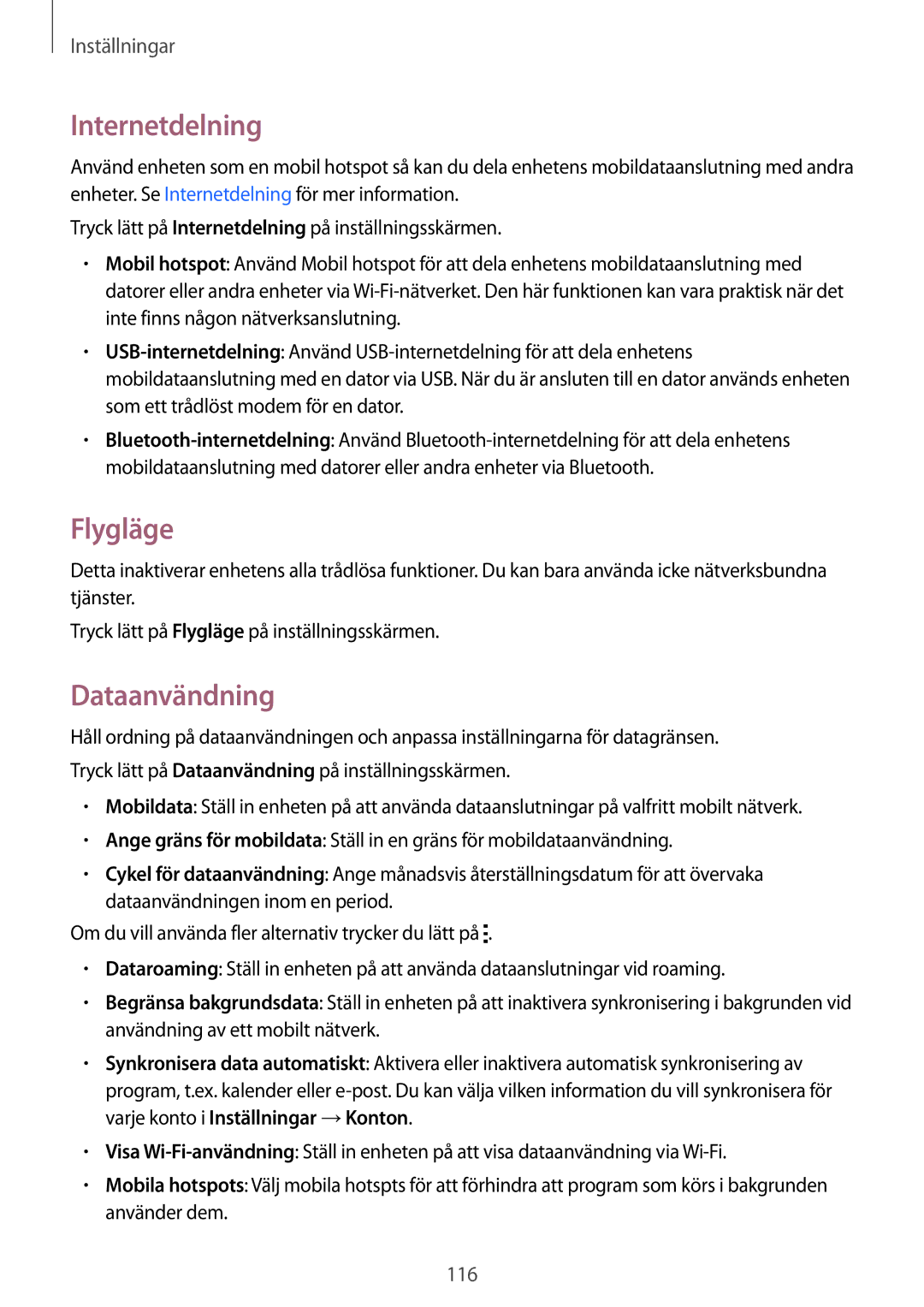 Samsung SM-A700FZWANEE, SM-A700FZKANEE, SM-A700FZDANEE manual Internetdelning, Flygläge, Dataanvändning 