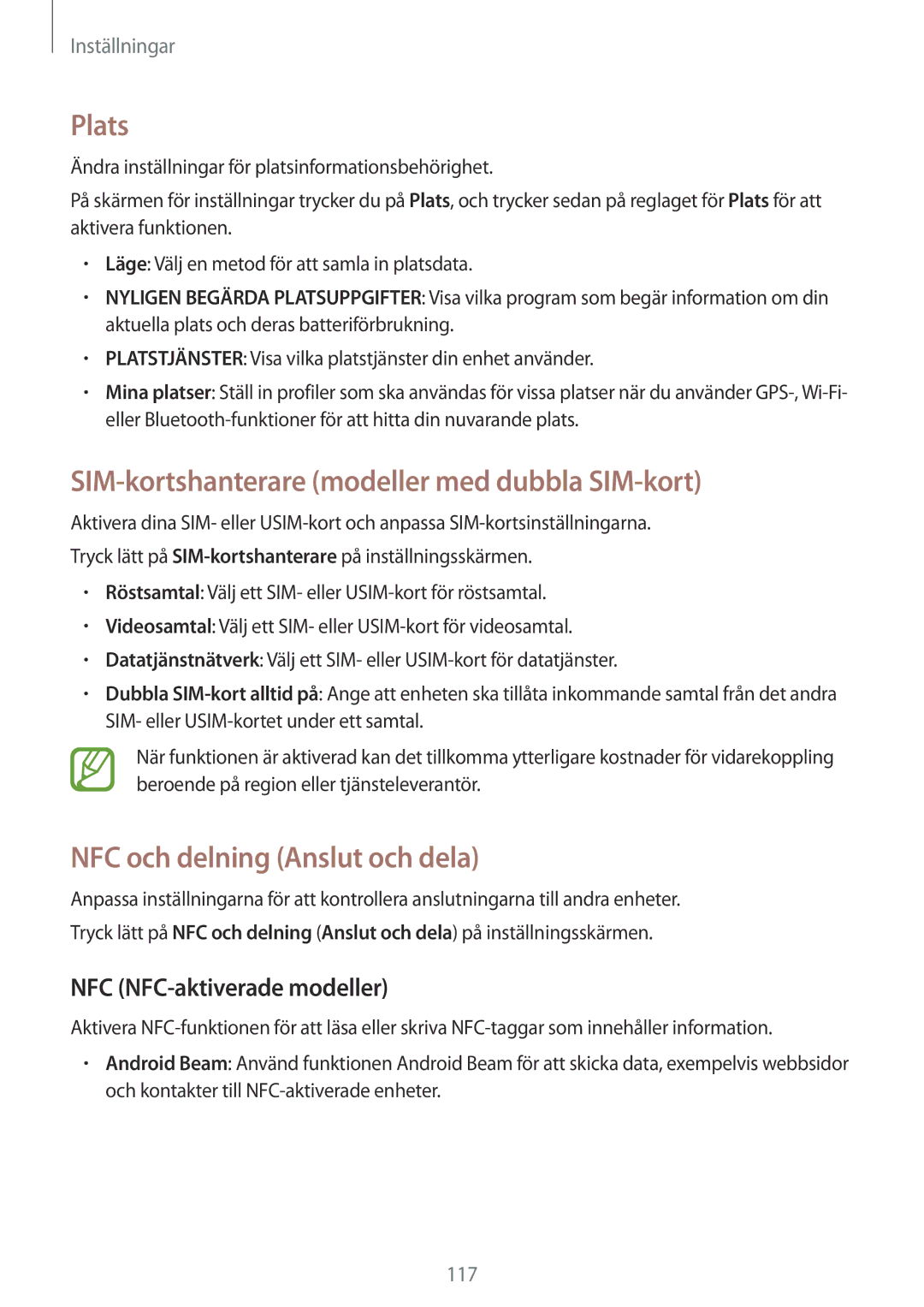 Samsung SM-A700FZKANEE manual Plats, SIM-kortshanterare modeller med dubbla SIM-kort, NFC och delning Anslut och dela 