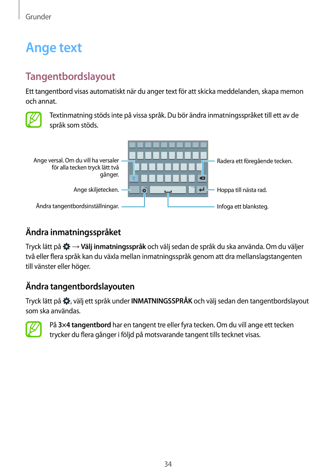 Samsung SM-A700FZDANEE, SM-A700FZKANEE Ange text, Tangentbordslayout, Ändra inmatningsspråket, Ändra tangentbordslayouten 