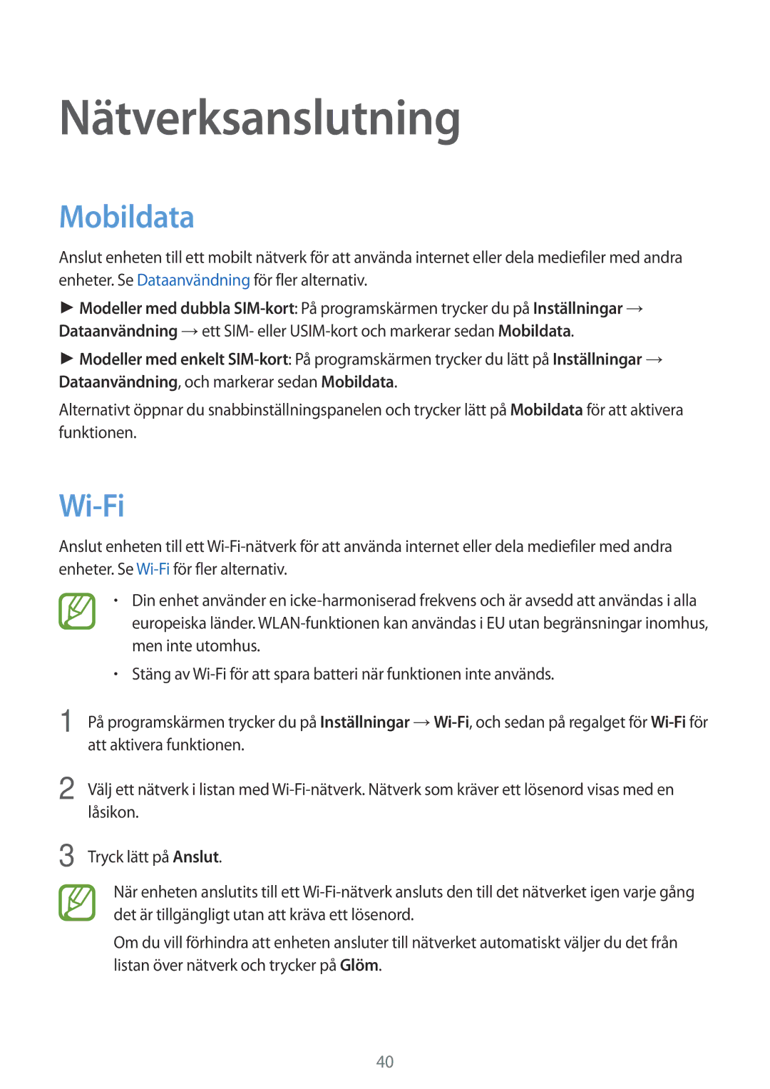 Samsung SM-A700FZDANEE, SM-A700FZKANEE, SM-A700FZWANEE manual Nätverksanslutning, Mobildata, Wi-Fi 