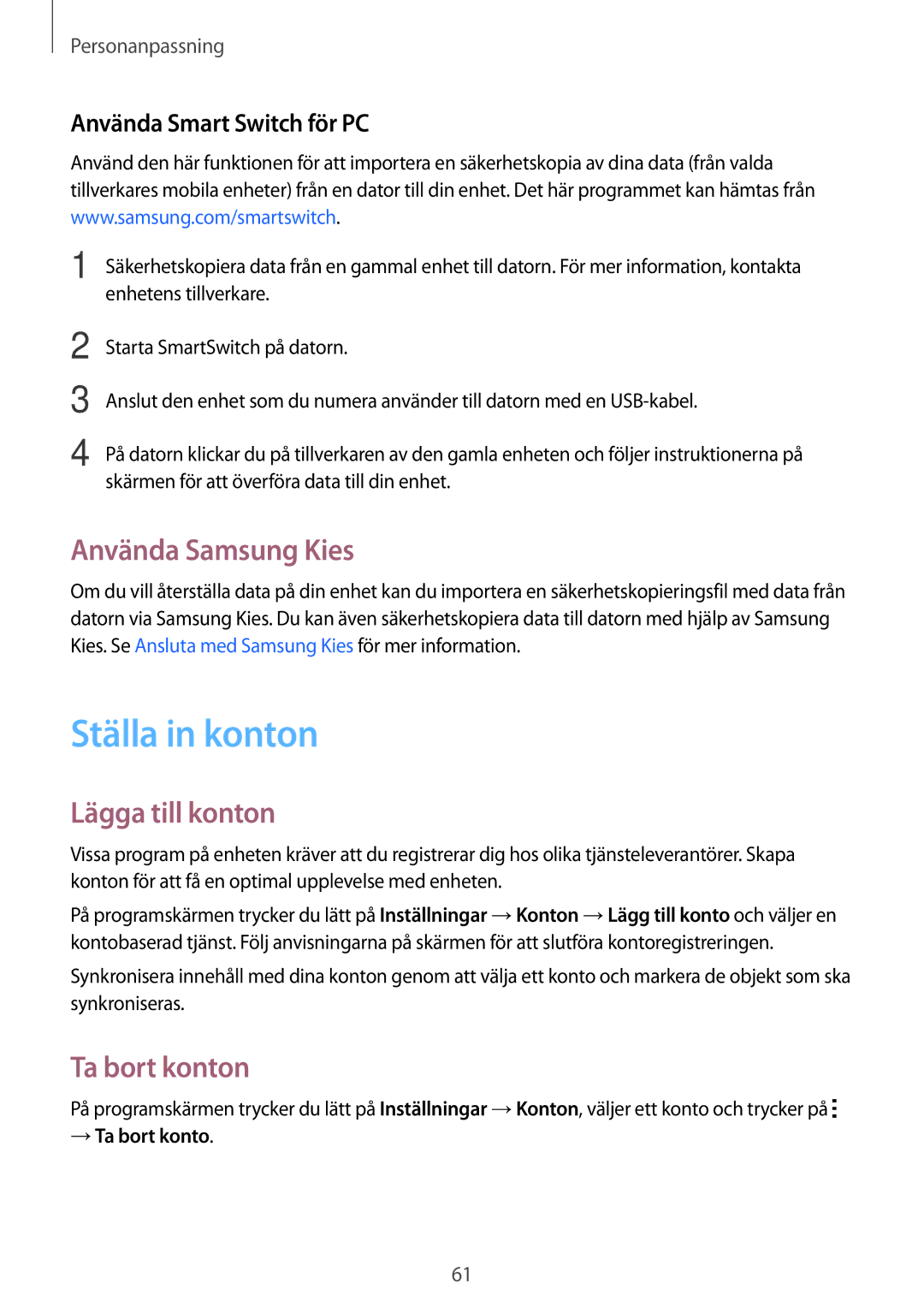 Samsung SM-A700FZDANEE, SM-A700FZKANEE manual Ställa in konton, Använda Samsung Kies, Lägga till konton, Ta bort konton 