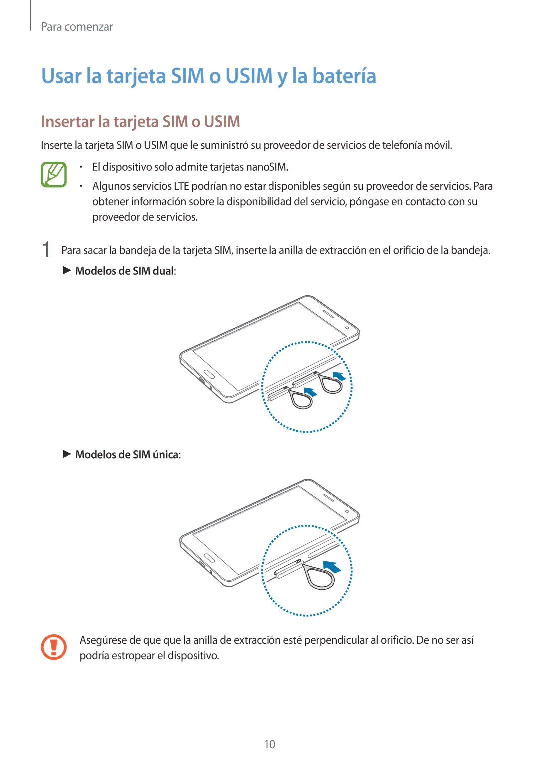 Samsung SM-A700FZKAPHE manual Usar la tarjeta SIM o Usim y la batería, Insertar la tarjeta SIM o Usim 