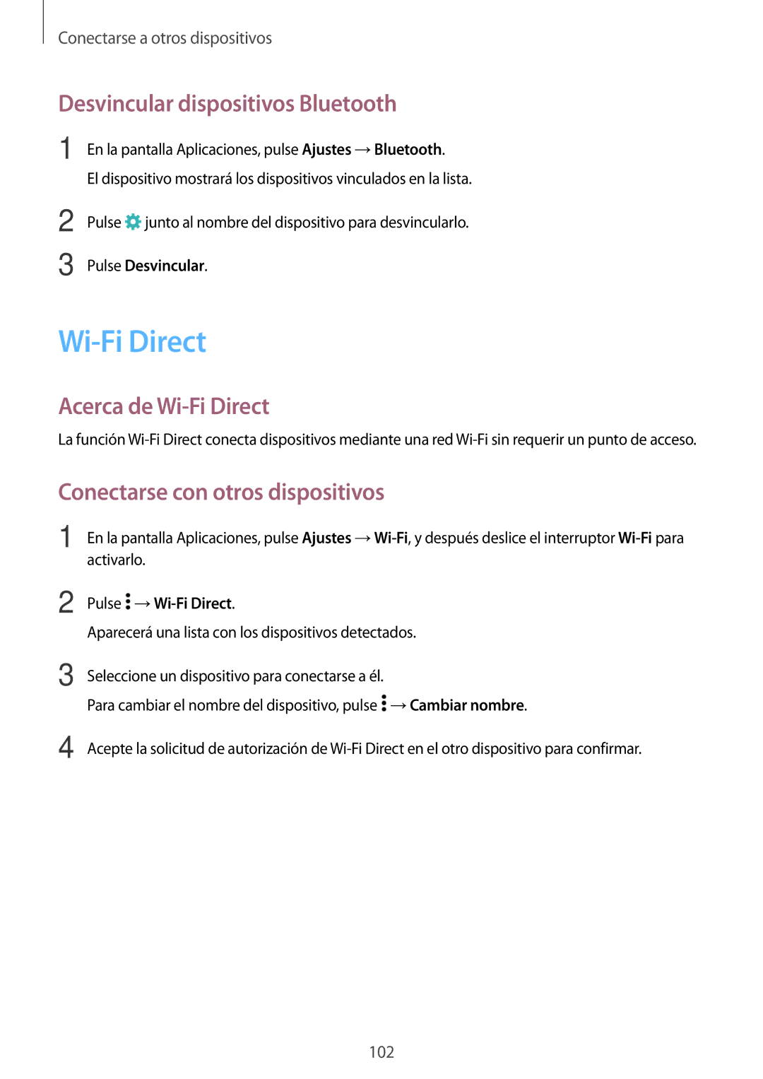 Samsung SM-A700FZKAPHE Desvincular dispositivos Bluetooth, Acerca de Wi-Fi Direct, Conectarse con otros dispositivos 