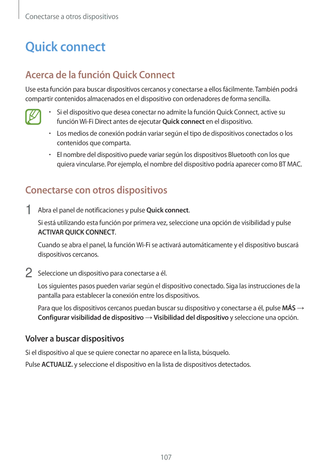 Samsung SM-A700FZKAPHE manual Quick connect, Acerca de la función Quick Connect, Volver a buscar dispositivos 