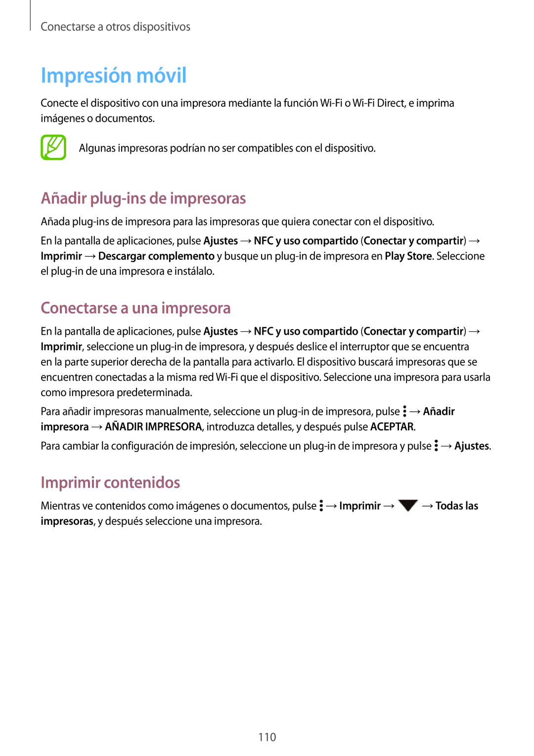 Samsung SM-A700FZKAPHE Impresión móvil, Añadir plug-ins de impresoras, Conectarse a una impresora, Imprimir contenidos 