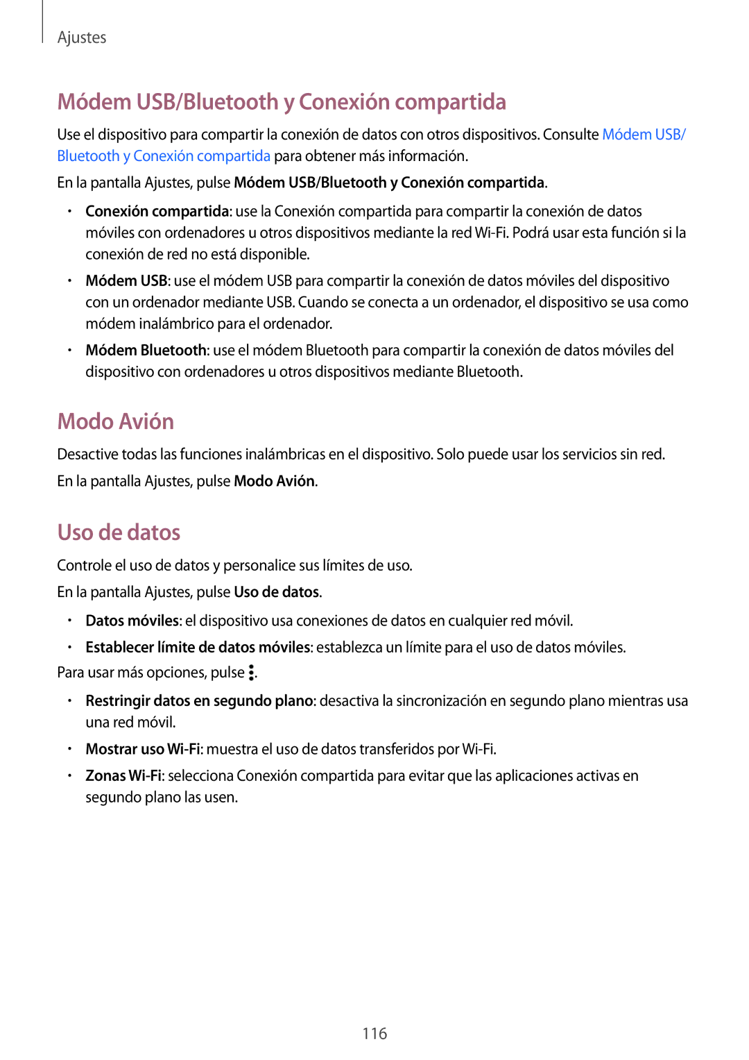 Samsung SM-A700FZKAPHE manual Módem USB/Bluetooth y Conexión compartida, Modo Avión, Uso de datos 