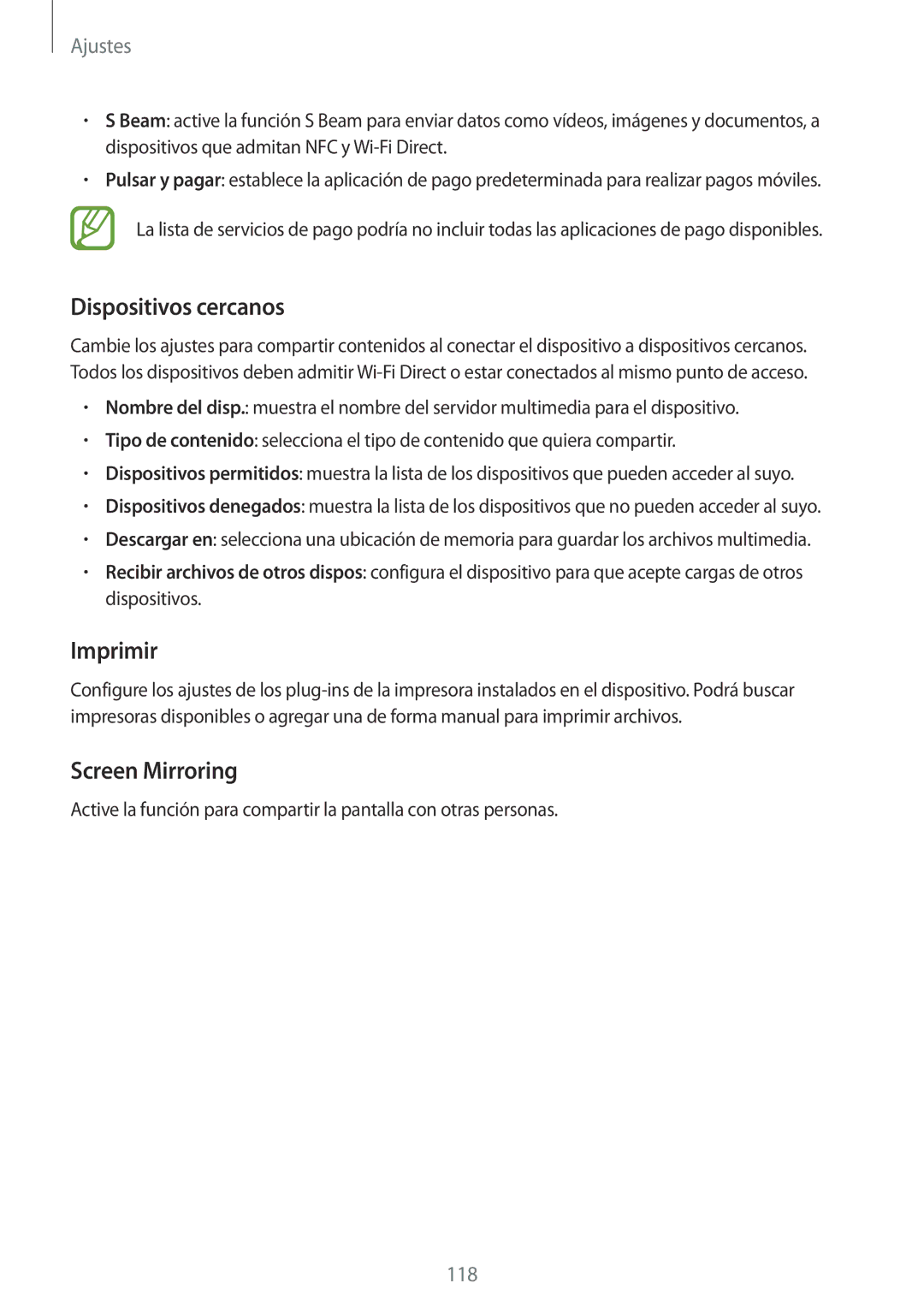 Samsung SM-A700FZKAPHE manual Dispositivos cercanos, Imprimir, Screen Mirroring 