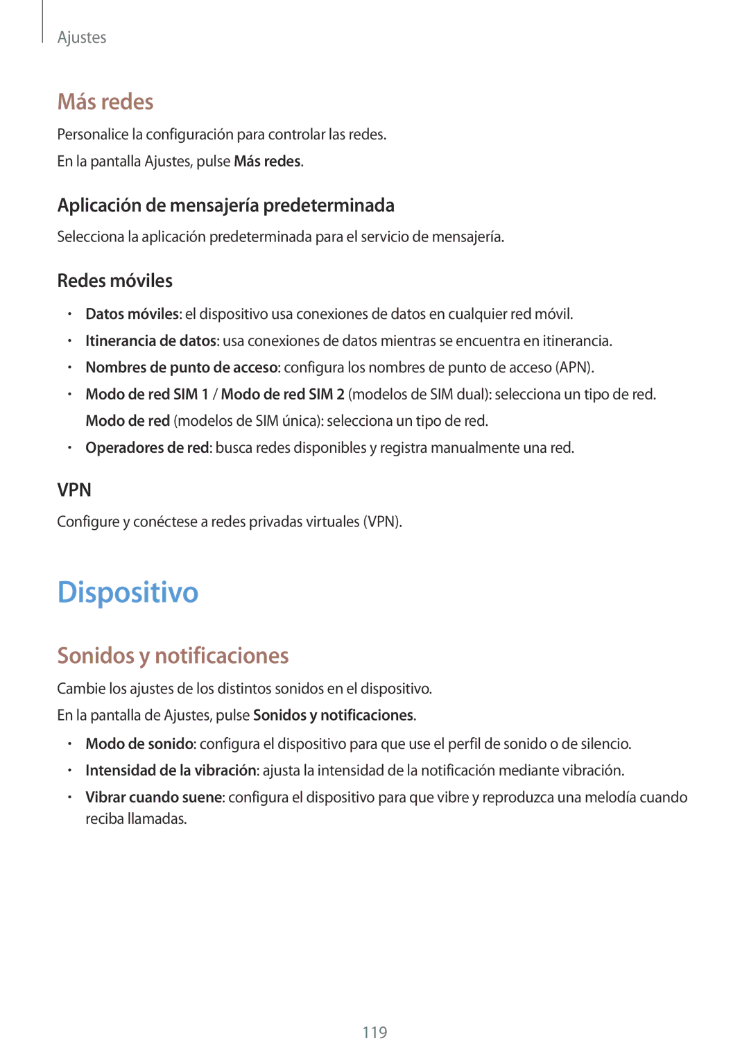 Samsung SM-A700FZKAPHE manual Dispositivo, Más redes, Sonidos y notificaciones, Aplicación de mensajería predeterminada 