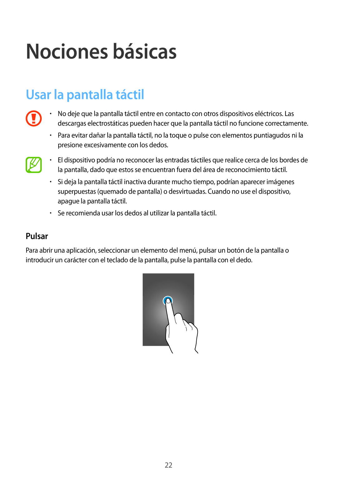 Samsung SM-A700FZKAPHE manual Nociones básicas, Usar la pantalla táctil, Pulsar 