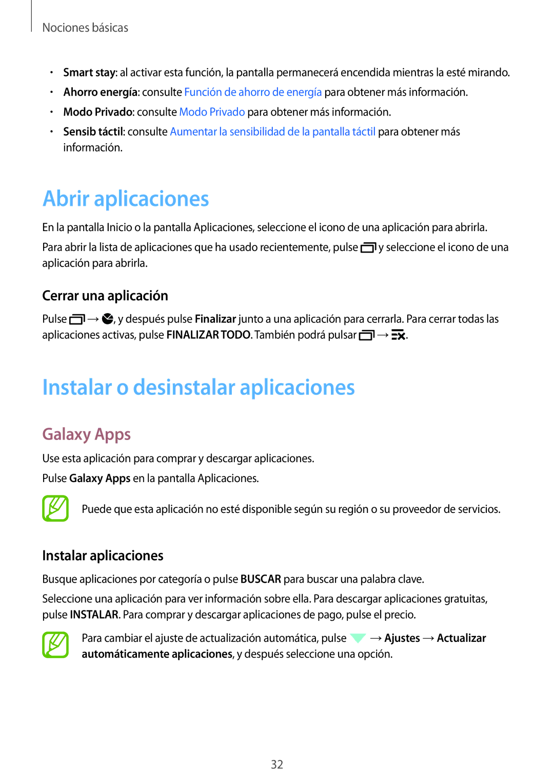 Samsung SM-A700FZKAPHE manual Abrir aplicaciones, Instalar o desinstalar aplicaciones, Galaxy Apps, Cerrar una aplicación 