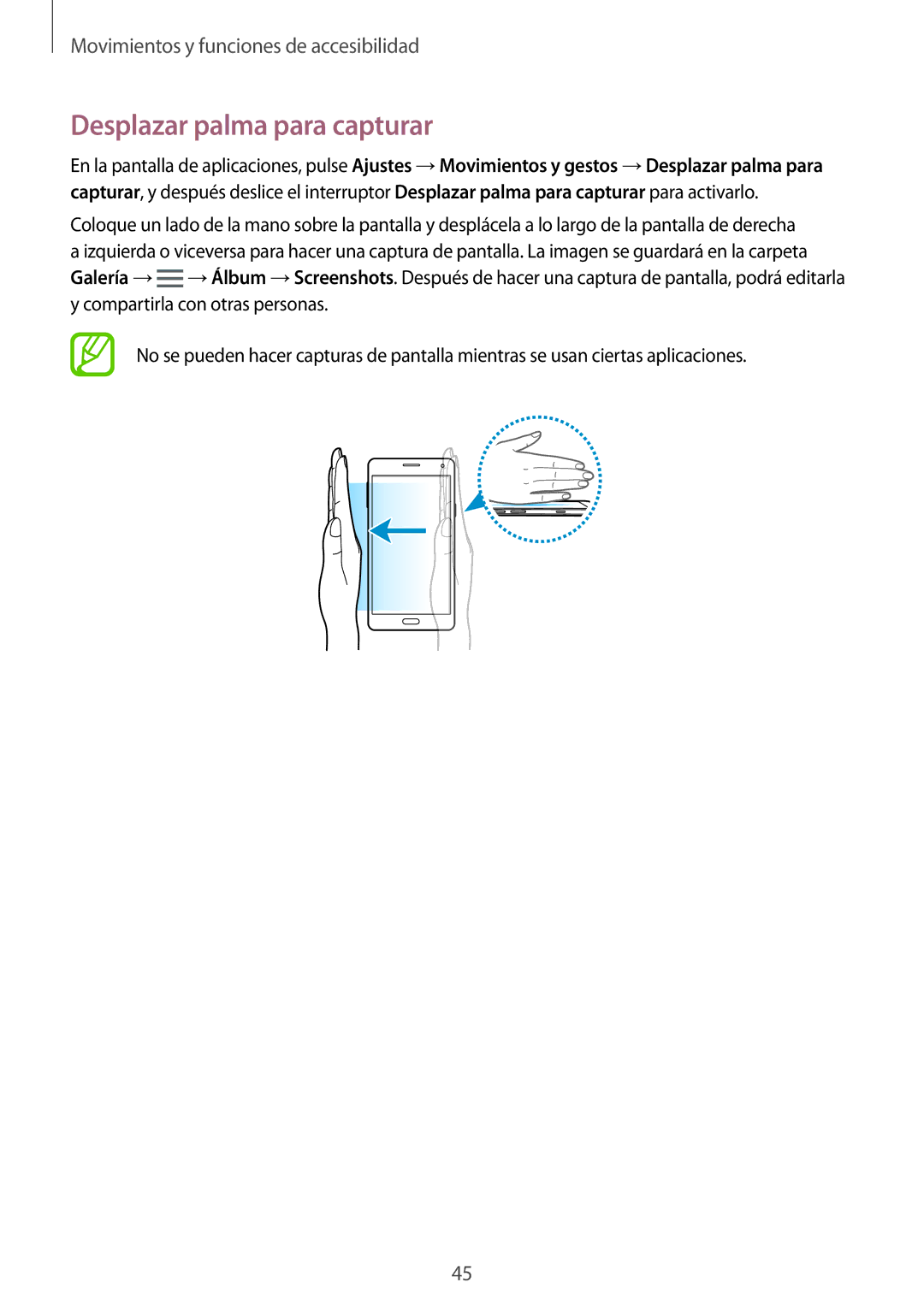 Samsung SM-A700FZKAPHE manual Desplazar palma para capturar 