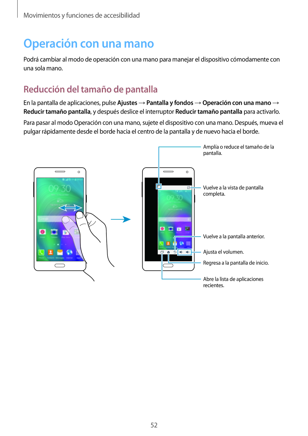 Samsung SM-A700FZKAPHE manual Operación con una mano, Reducción del tamaño de pantalla 