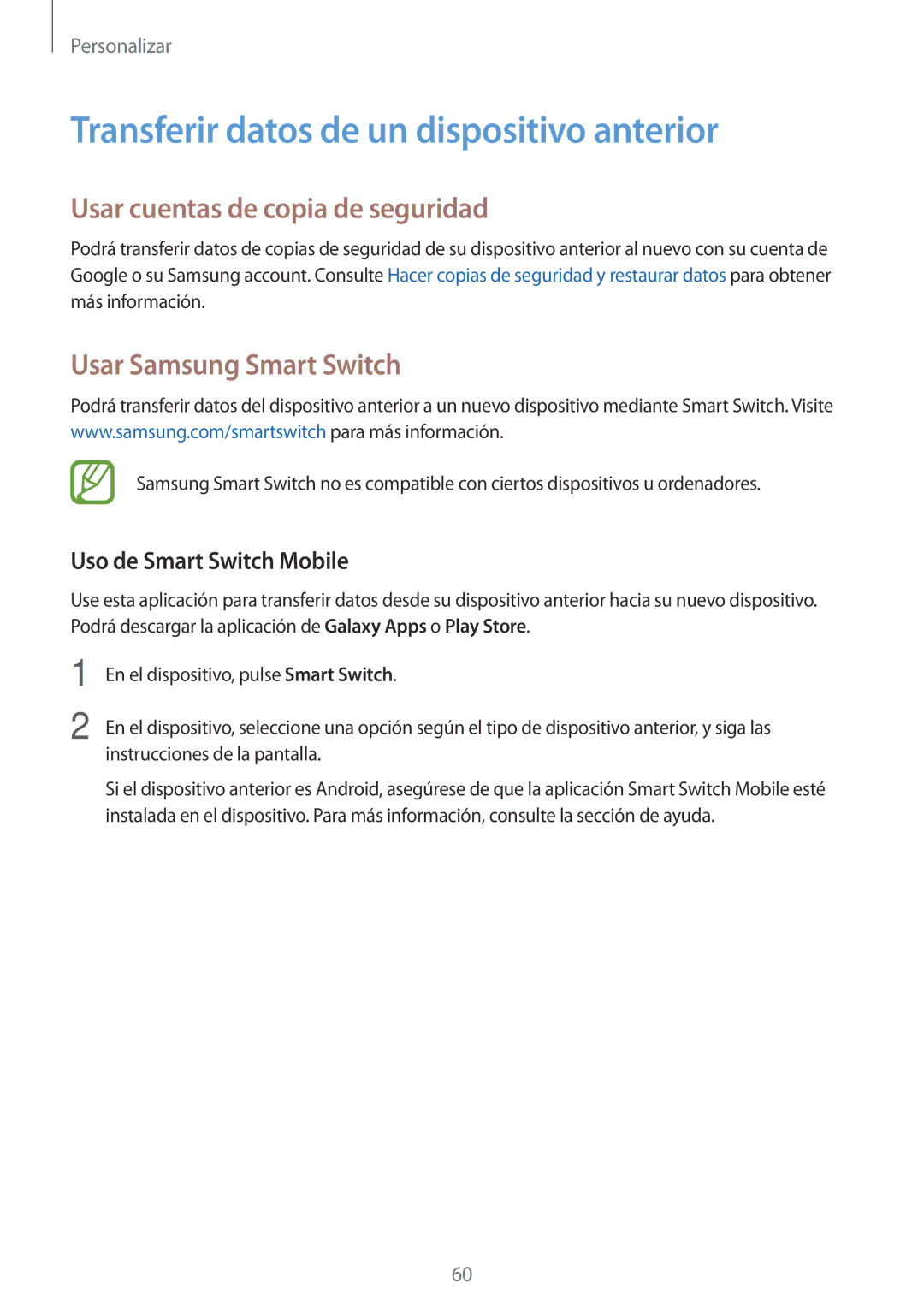 Samsung SM-A700FZKAPHE manual Transferir datos de un dispositivo anterior, Usar cuentas de copia de seguridad 