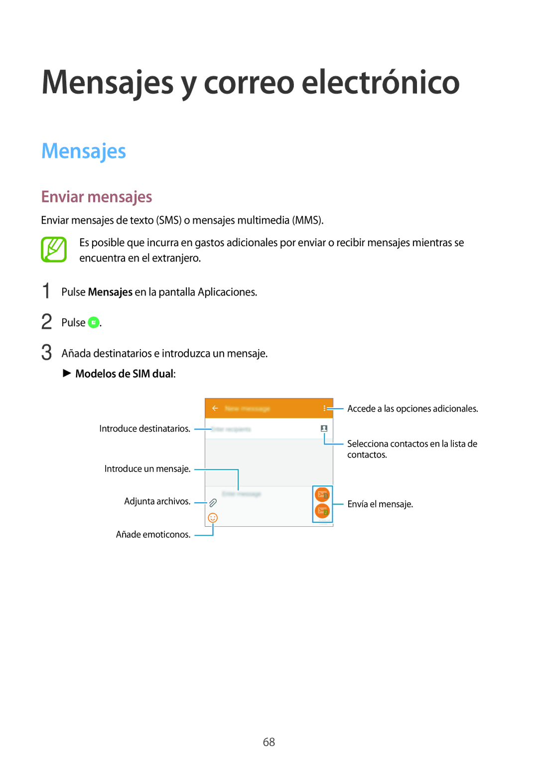 Samsung SM-A700FZKAPHE manual Mensajes, Enviar mensajes, Modelos de SIM dual 