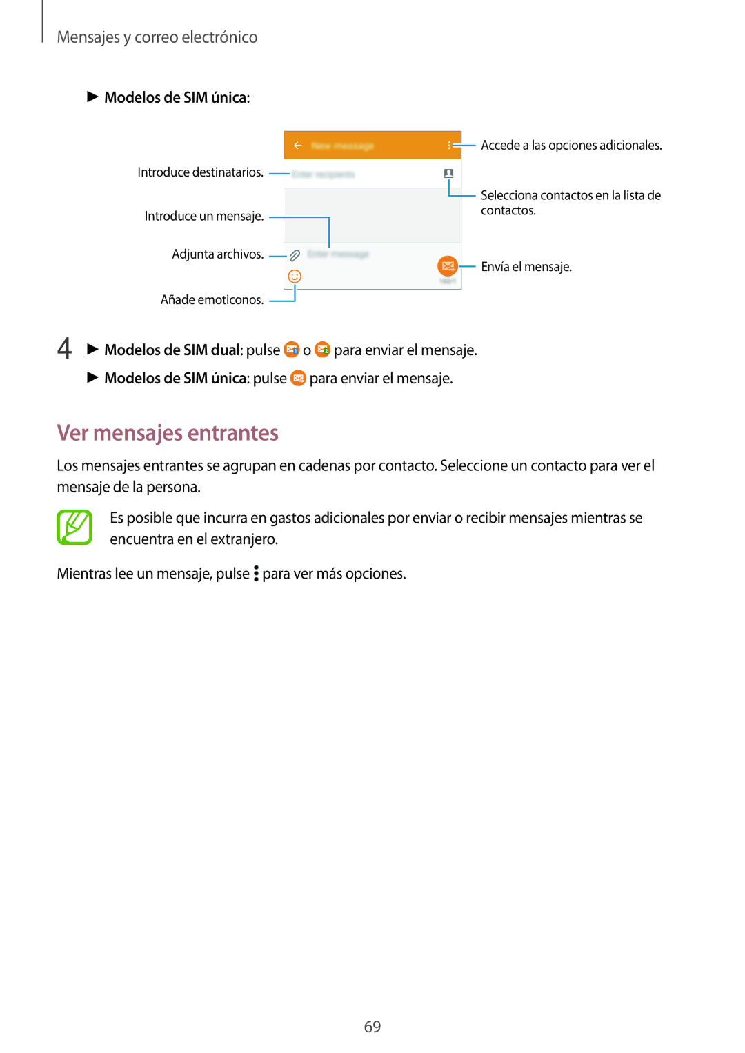 Samsung SM-A700FZKAPHE manual Ver mensajes entrantes, Mensajes y correo electrónico 