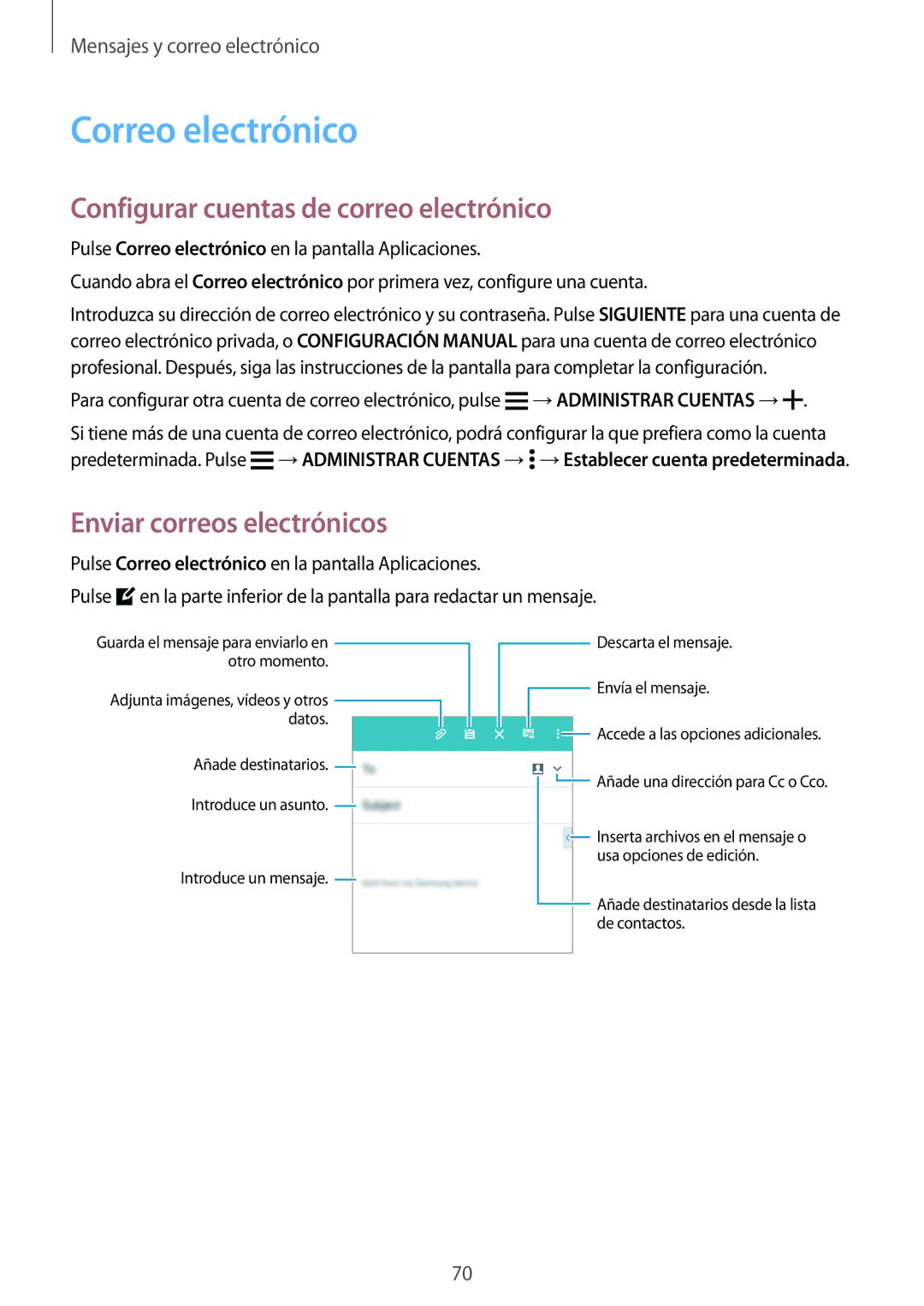 Samsung SM-A700FZKAPHE manual Correo electrónico, Configurar cuentas de correo electrónico, Enviar correos electrónicos 