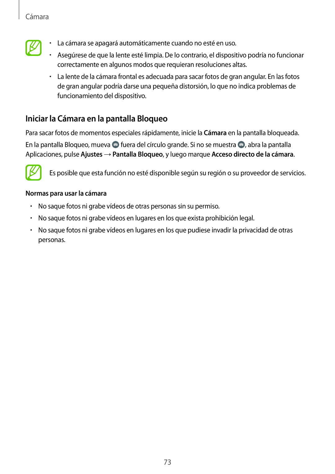 Samsung SM-A700FZKAPHE manual Iniciar la Cámara en la pantalla Bloqueo, Normas para usar la cámara 