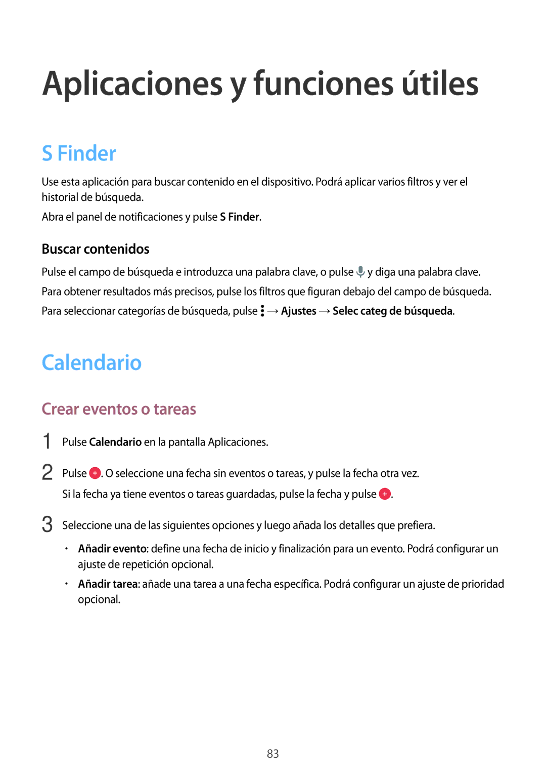 Samsung SM-A700FZKAPHE manual Finder, Calendario, Crear eventos o tareas, Buscar contenidos 