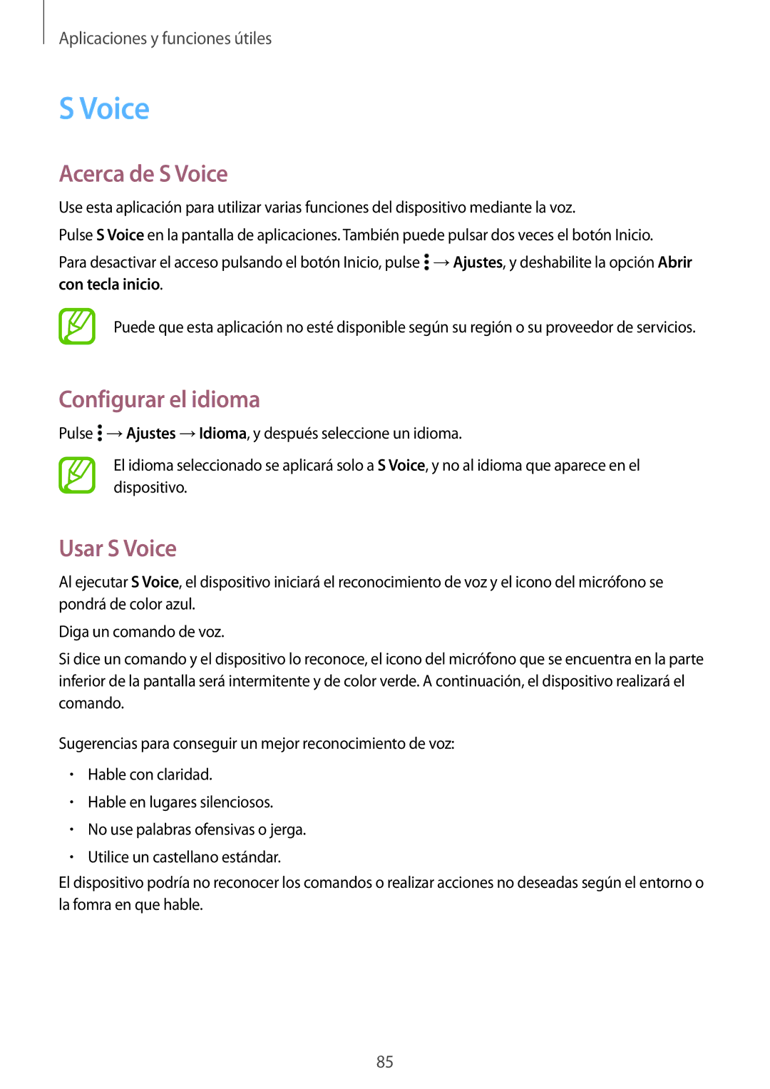 Samsung SM-A700FZKAPHE manual Acerca de S Voice, Configurar el idioma, Usar S Voice 