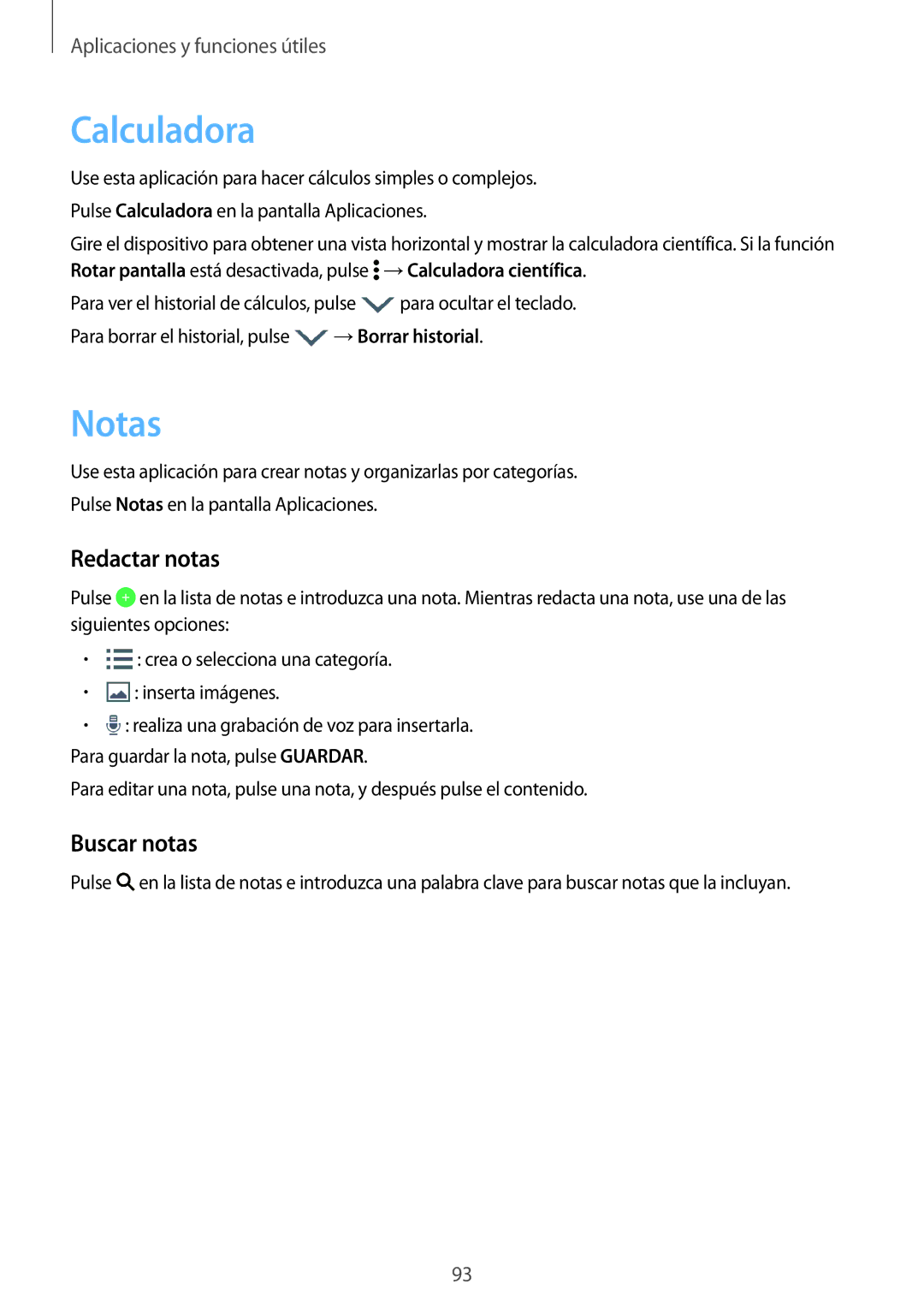 Samsung SM-A700FZKAPHE manual Calculadora, Notas, Redactar notas, Buscar notas 