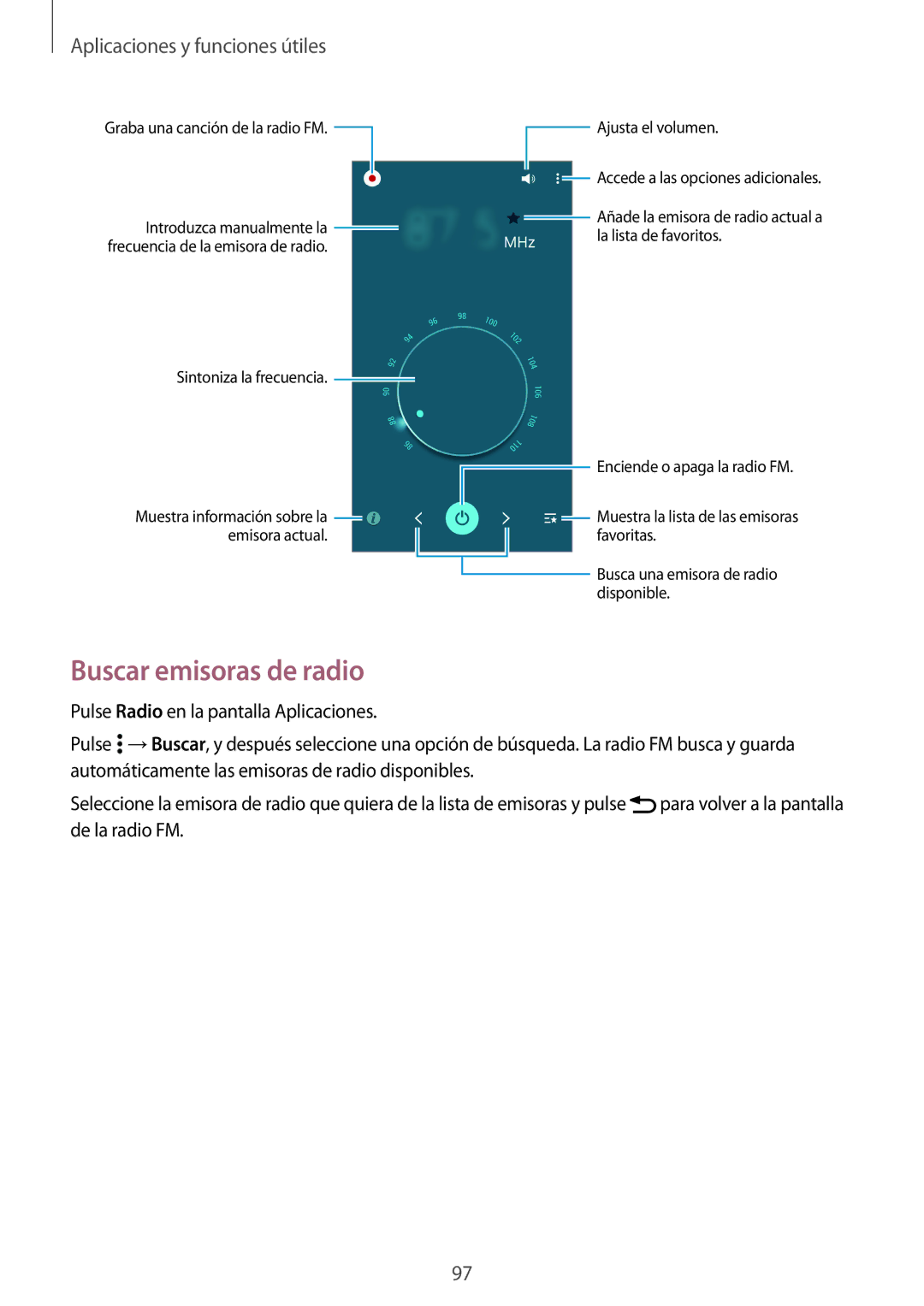 Samsung SM-A700FZKAPHE manual Buscar emisoras de radio, Pulse Radio en la pantalla Aplicaciones 