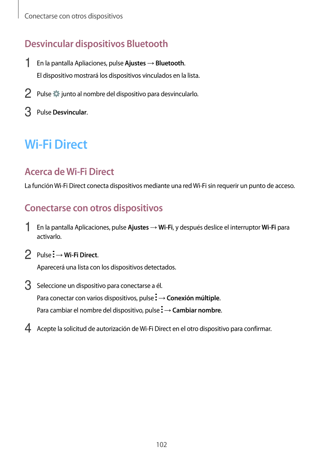 Samsung SM-A700FZKAPHE Desvincular dispositivos Bluetooth, Acerca de Wi-Fi Direct, Conectarse con otros dispositivos 