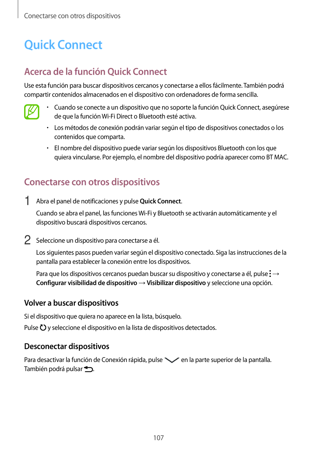 Samsung SM-A700FZKAPHE Acerca de la función Quick Connect, Volver a buscar dispositivos, Desconectar dispositivos 