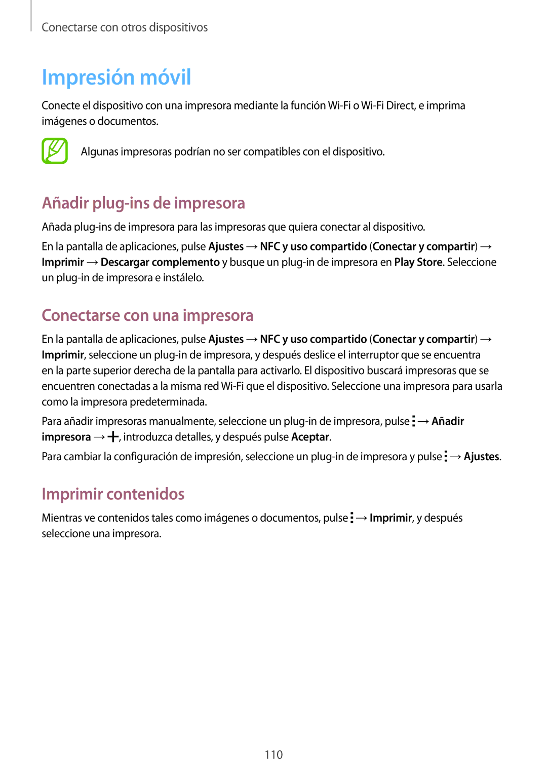 Samsung SM-A700FZKAPHE Impresión móvil, Añadir plug-ins de impresora, Conectarse con una impresora, Imprimir contenidos 