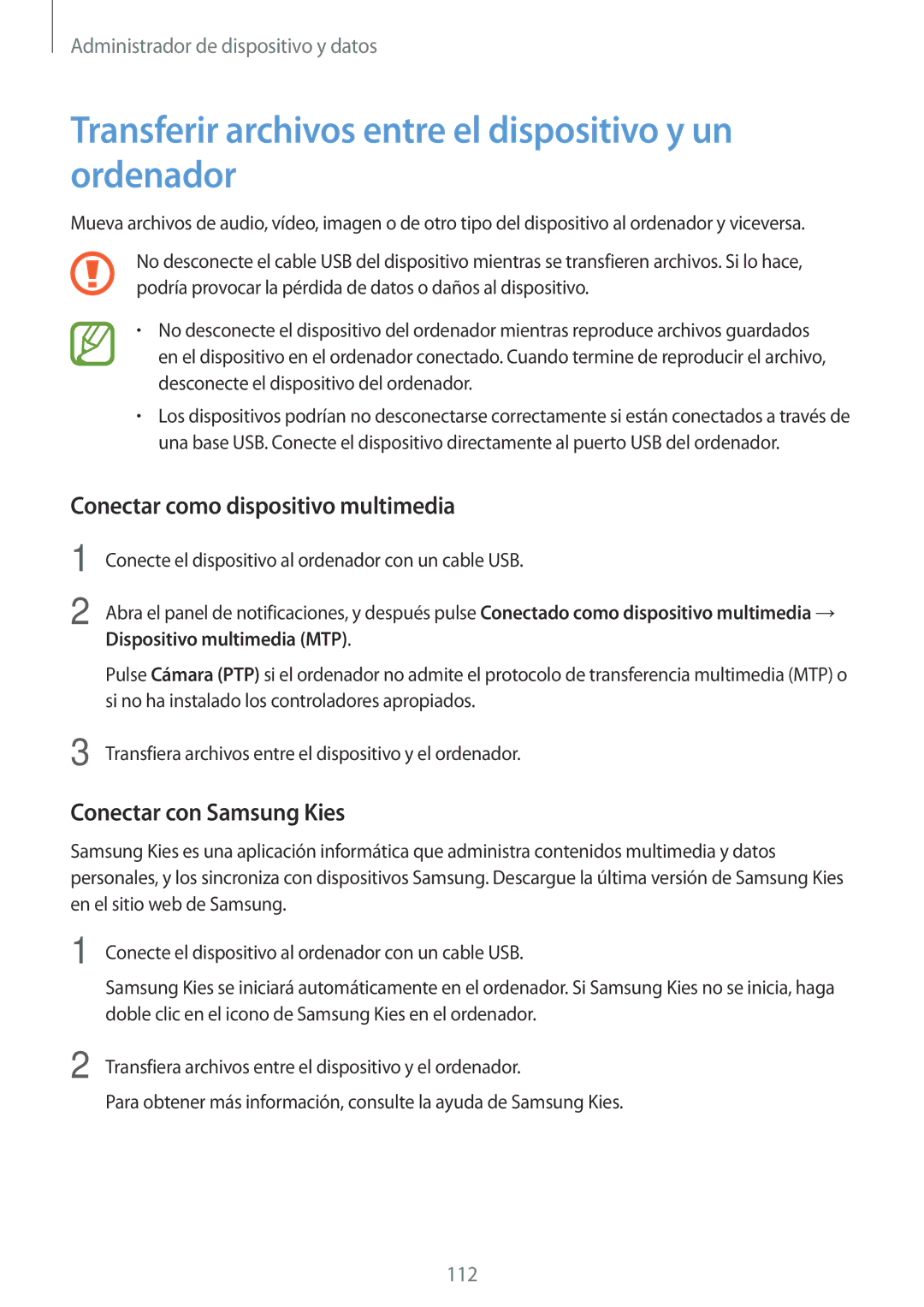 Samsung SM-A700FZKAPHE manual Transferir archivos entre el dispositivo y un ordenador, Conectar como dispositivo multimedia 