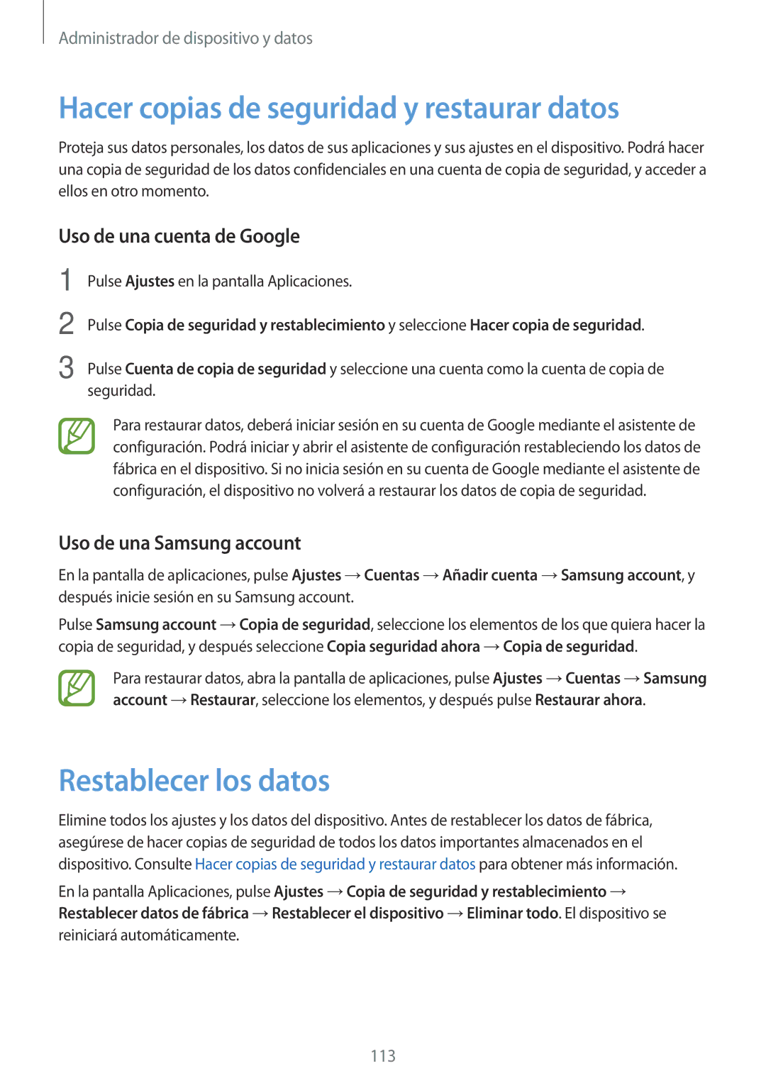 Samsung SM-A700FZKAPHE Hacer copias de seguridad y restaurar datos, Restablecer los datos, Uso de una cuenta de Google 