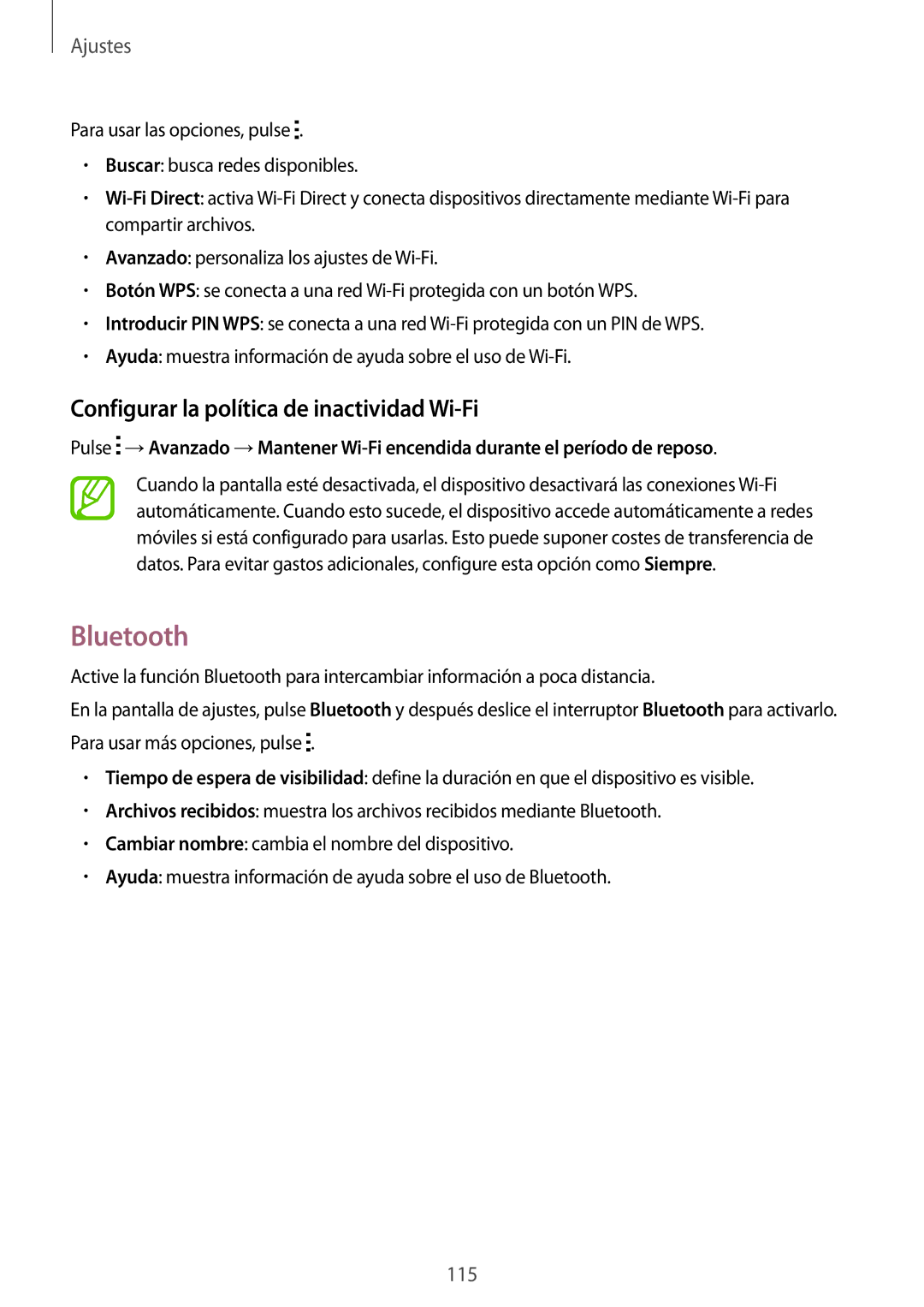 Samsung SM-A700FZKAPHE manual Bluetooth, Configurar la política de inactividad Wi-Fi 