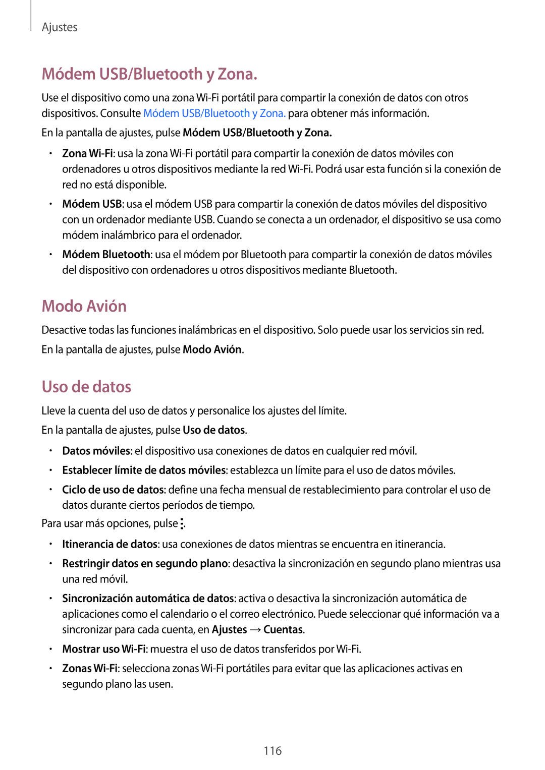 Samsung SM-A700FZKAPHE manual Módem USB/Bluetooth y Zona, Modo Avión, Uso de datos 