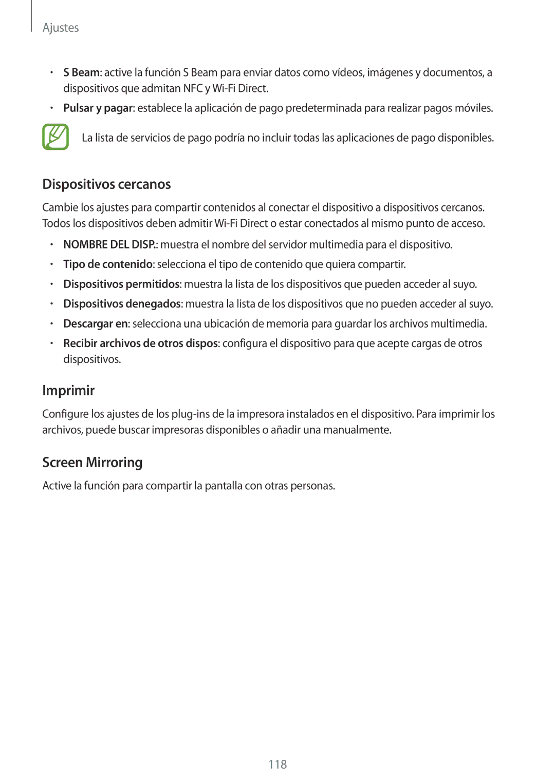 Samsung SM-A700FZKAPHE manual Dispositivos cercanos, Imprimir, Screen Mirroring 