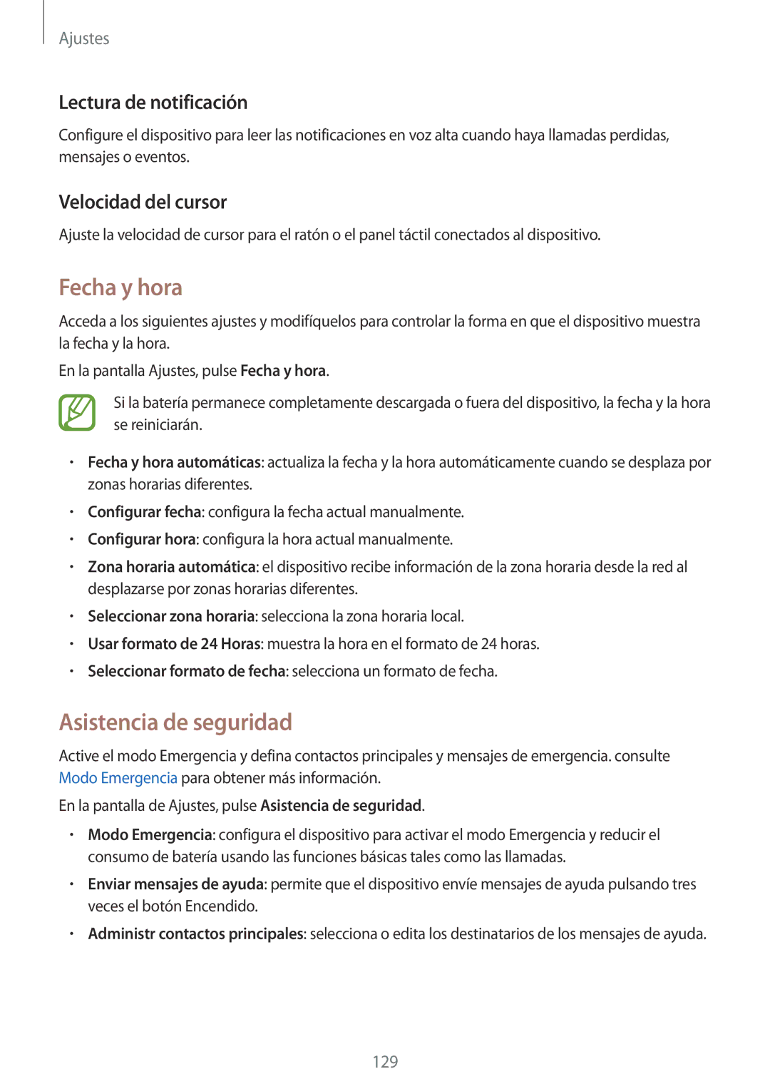 Samsung SM-A700FZKAPHE manual Fecha y hora, Asistencia de seguridad, Lectura de notificación, Velocidad del cursor 