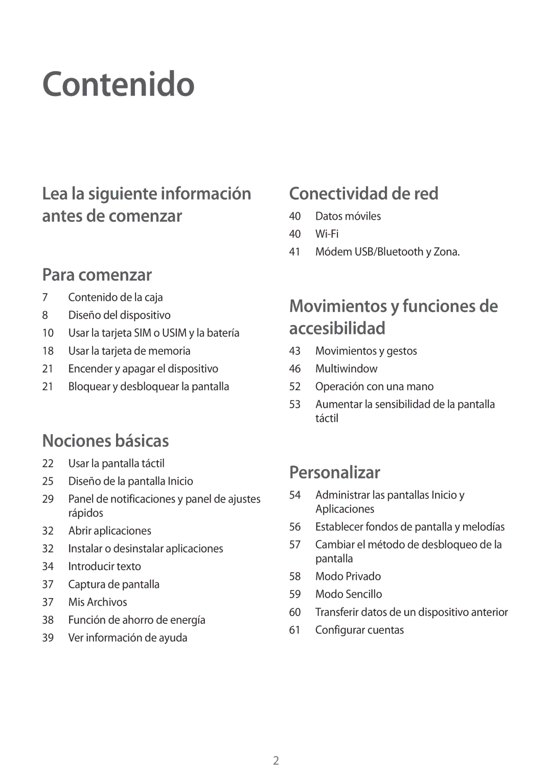 Samsung SM-A700FZKAPHE manual Contenido, Para comenzar 