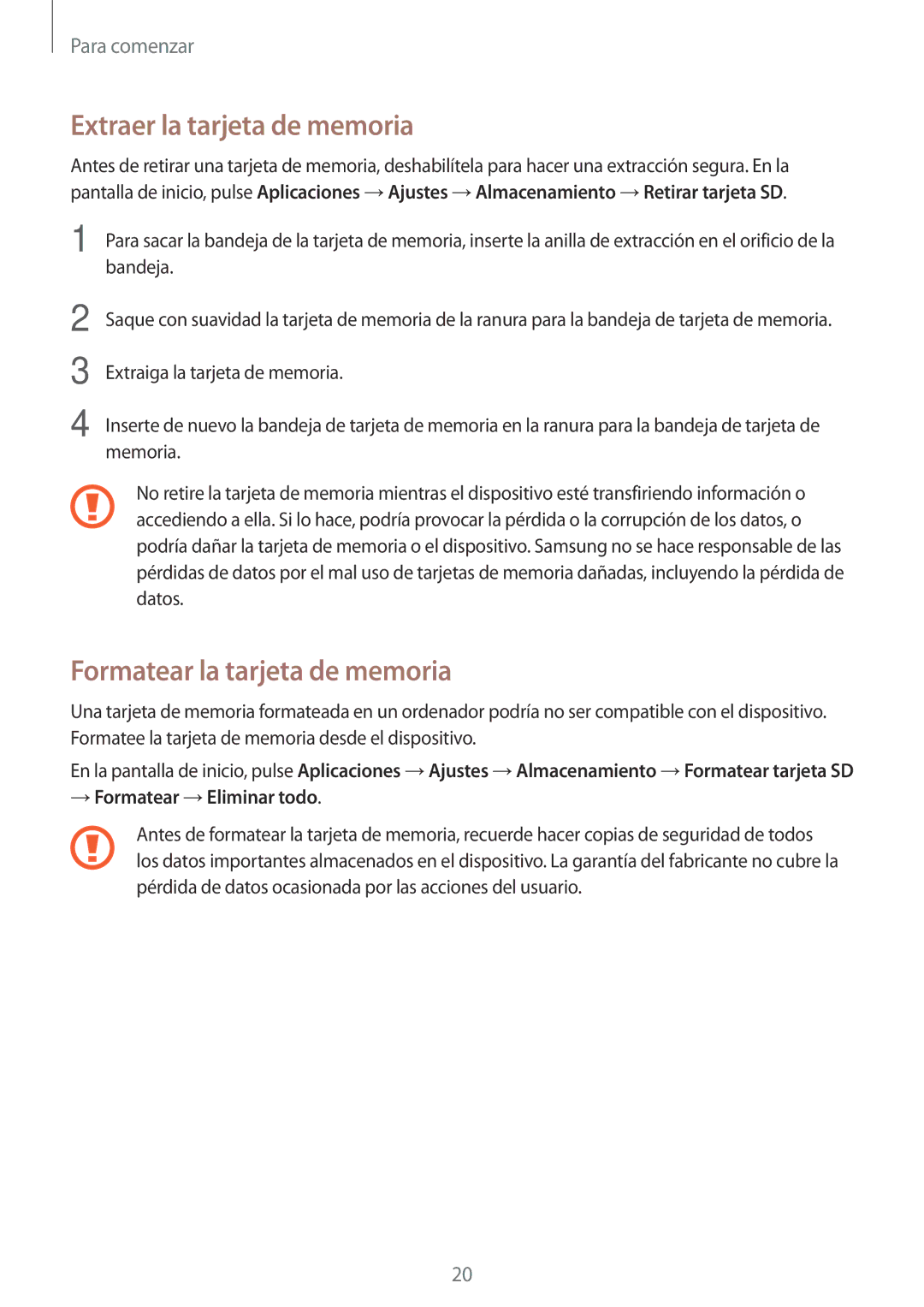 Samsung SM-A700FZKAPHE manual Extraer la tarjeta de memoria, Formatear la tarjeta de memoria 