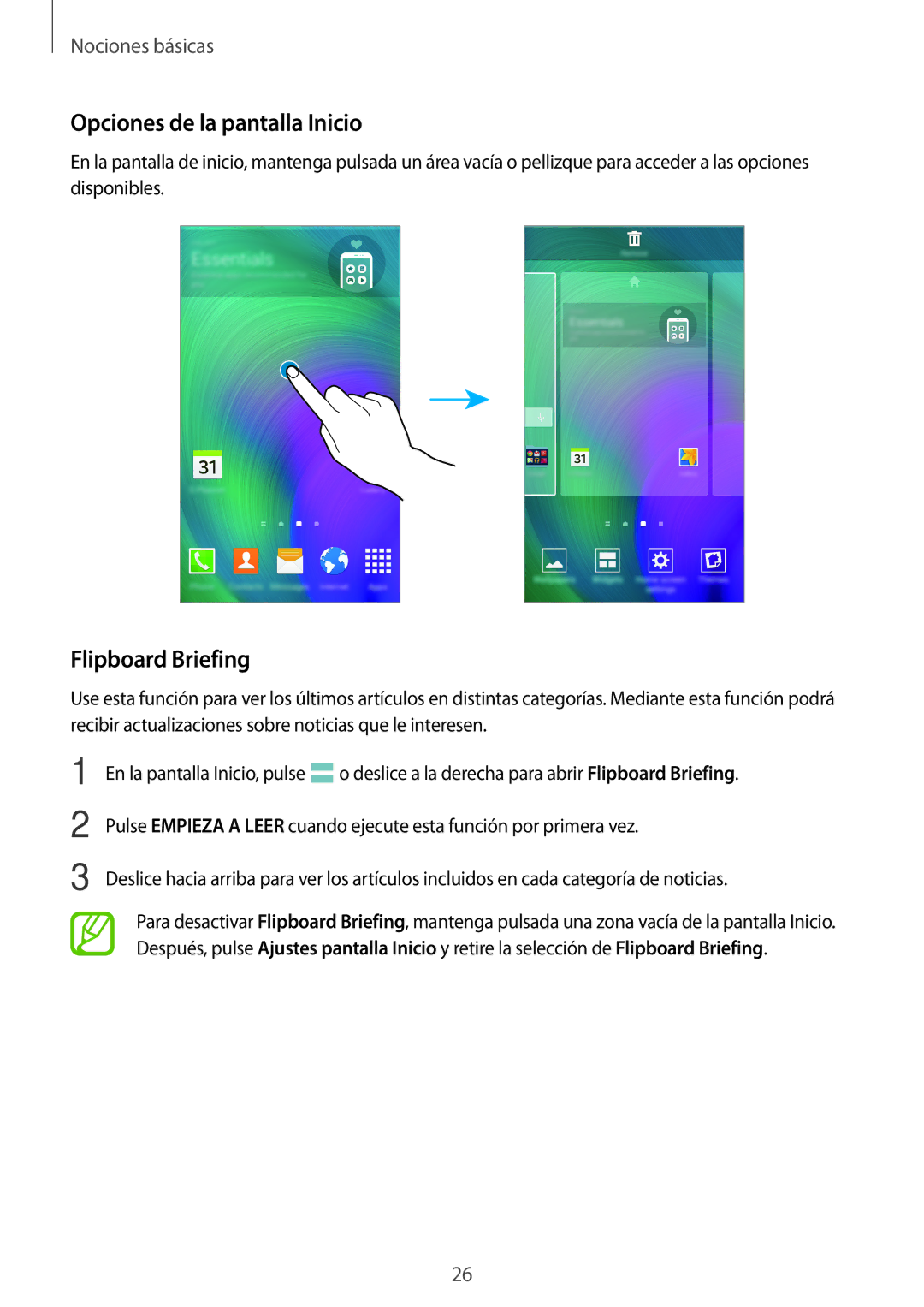 Samsung SM-A700FZKAPHE manual Opciones de la pantalla Inicio, Flipboard Briefing 