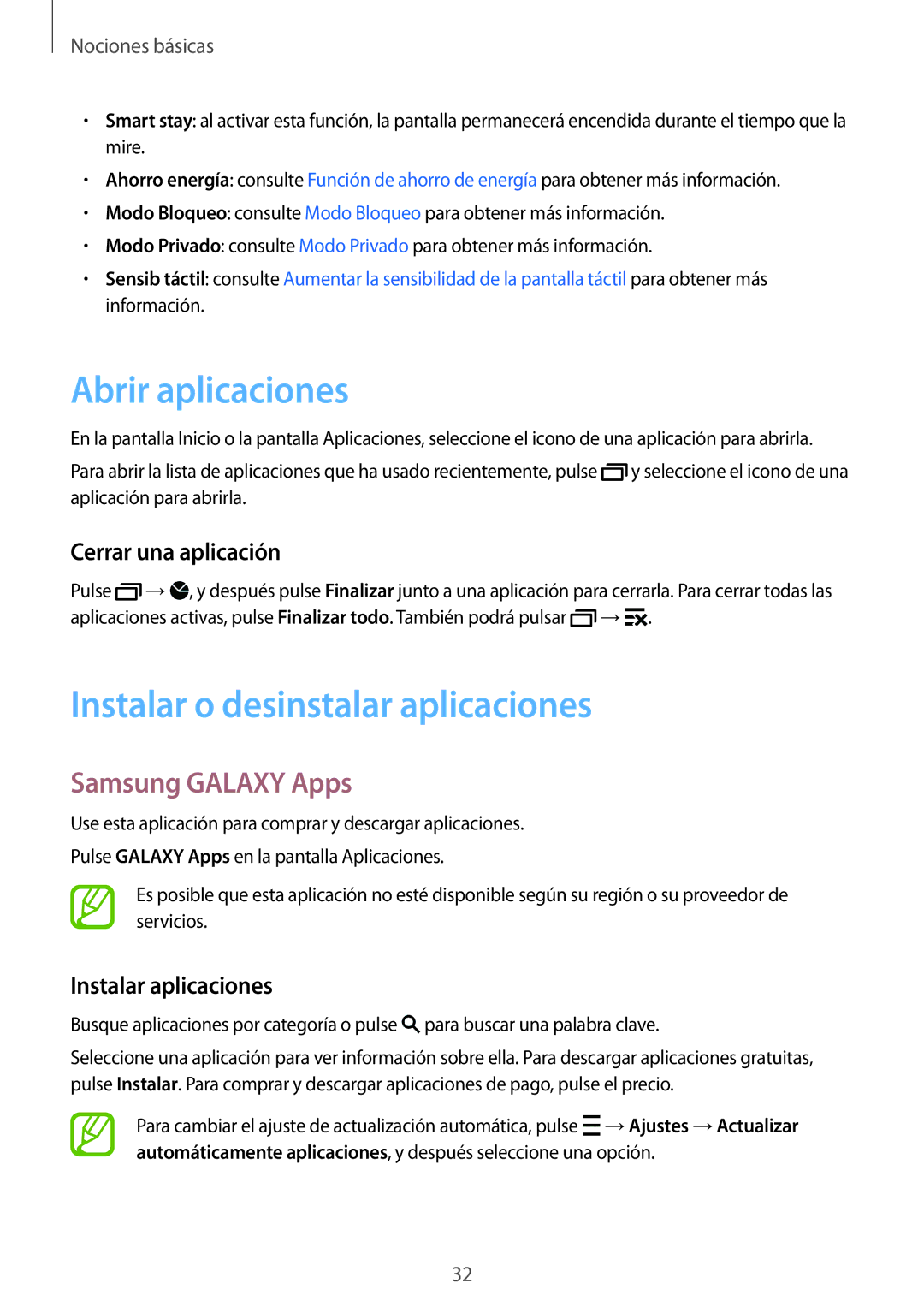 Samsung SM-A700FZKAPHE Abrir aplicaciones, Instalar o desinstalar aplicaciones, Samsung Galaxy Apps, Cerrar una aplicación 