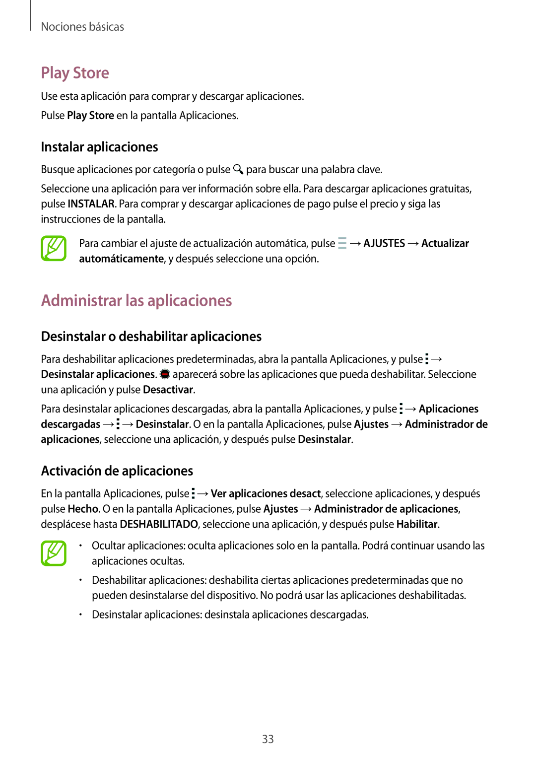 Samsung SM-A700FZKAPHE manual Play Store, Administrar las aplicaciones, Desinstalar o deshabilitar aplicaciones 